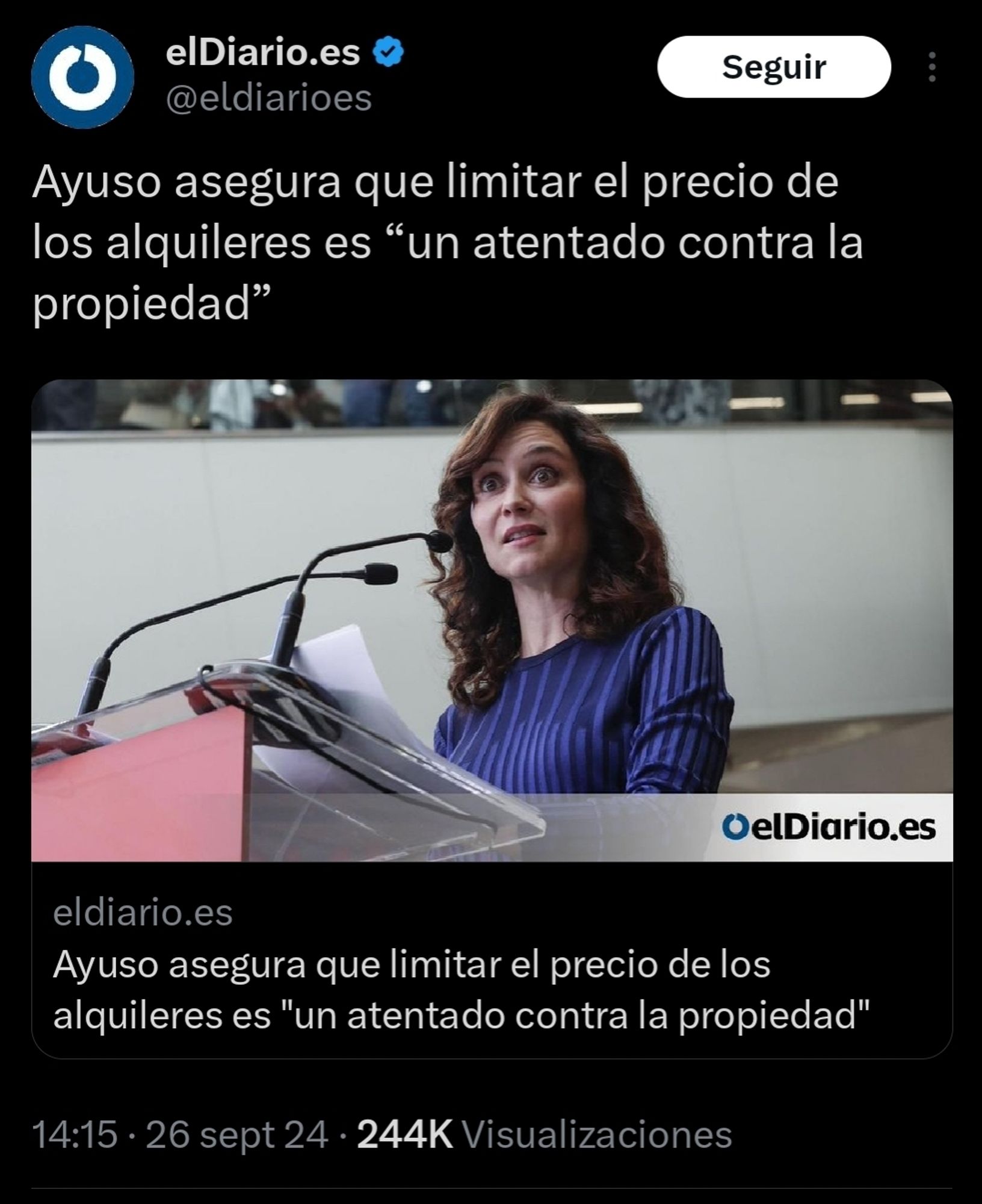 Captura de la noticia de El Diario donde Ayuso dice que limitar los alquileres es "un atentado contra la propiedad"