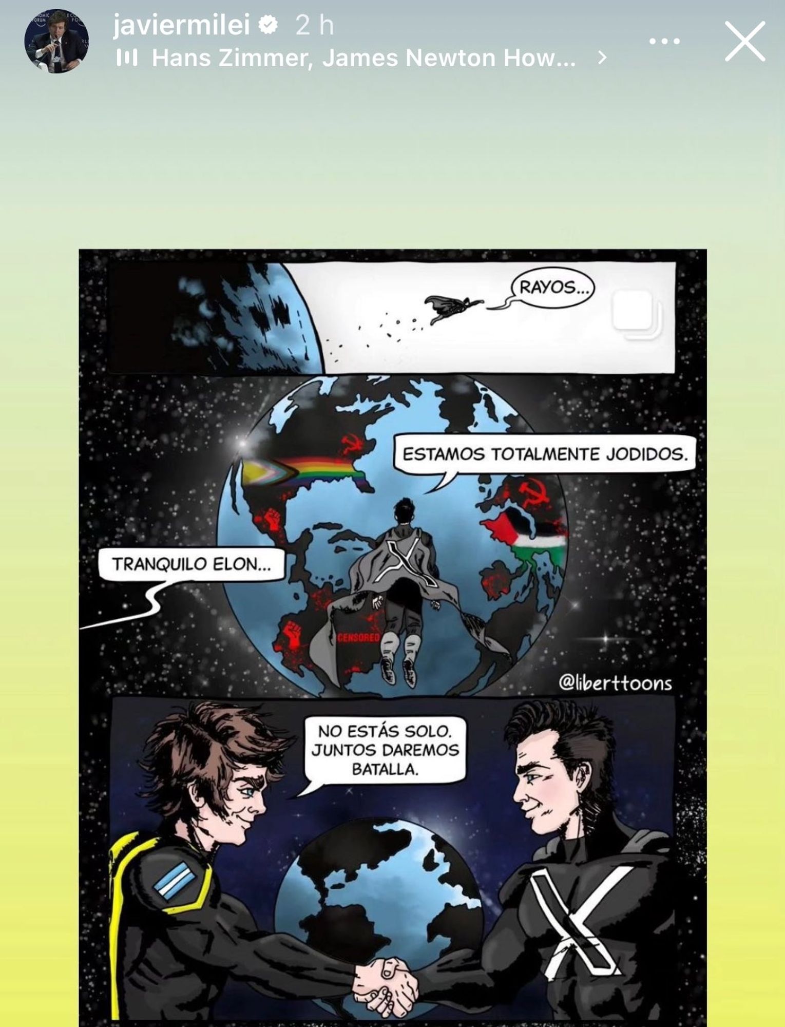 Captura de las historias de Instagram del presidente Javier Milei, donde sube un mini cómic de él y Elon Musk como súper héroes enfrentándose a un mundo con Palestina, comunismo y personas LGBT.