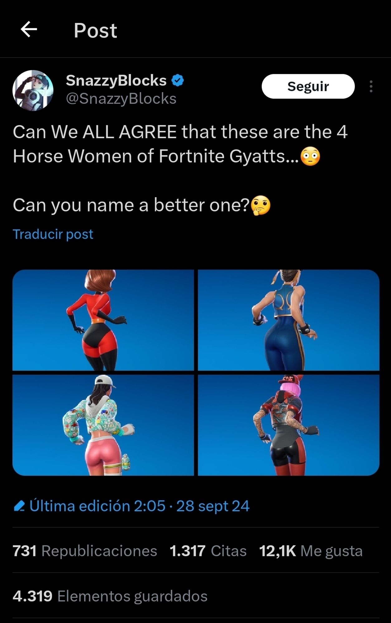 Tweet de un hombre que pone 4 capturas de modelos de Fornite, señalando su buen culo