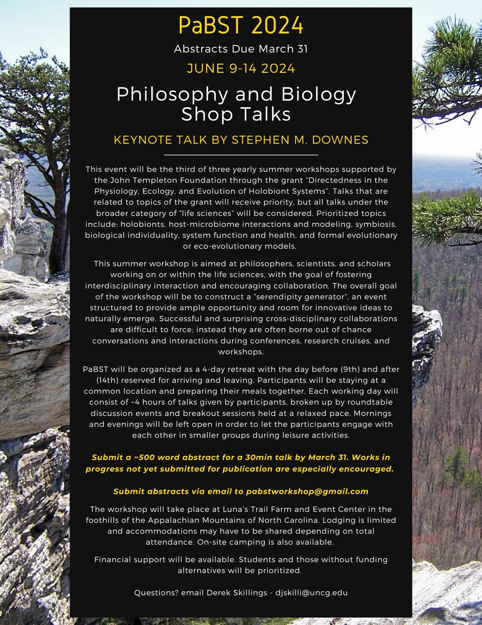 Image of Call for Abstracts poster for Philosophy and Biology Shop Talks workshop, June 9-14 2024 in North Carolina, US.