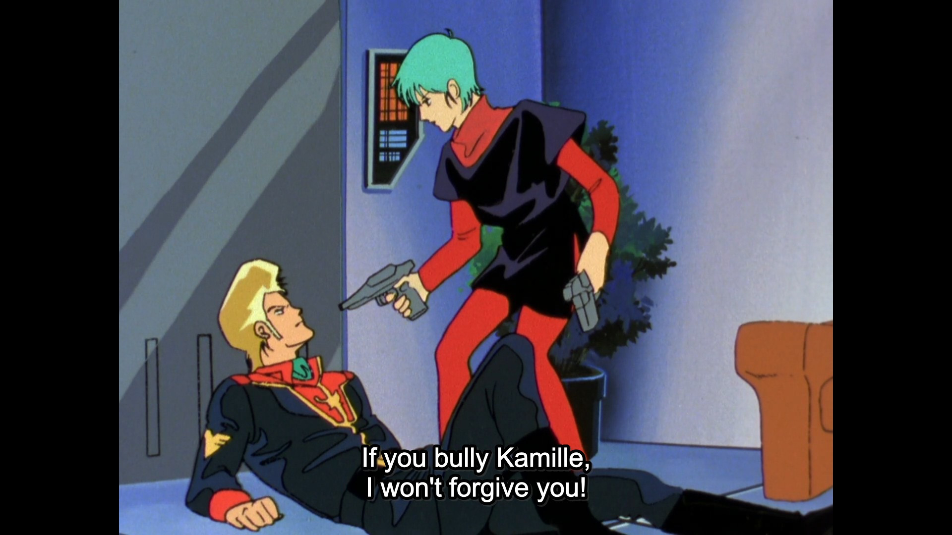 Screencap from Mobile Suit Zeta Gundam episode 36 of Four Murasame holding the loathesome Jerid Messa at gunpoint and saying "If you bully Kamille, I won't forgive you!"