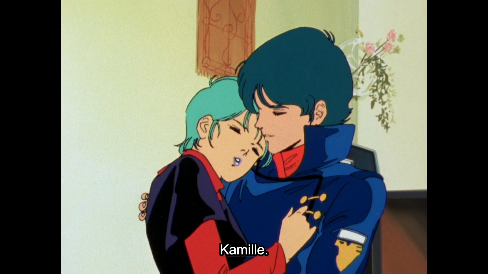 Screencap from Mobile Suit Gundam Zeta episode 36 of Kamille Bidan and Four Murasame in a loving embrace, with Four saying Kamille's name.