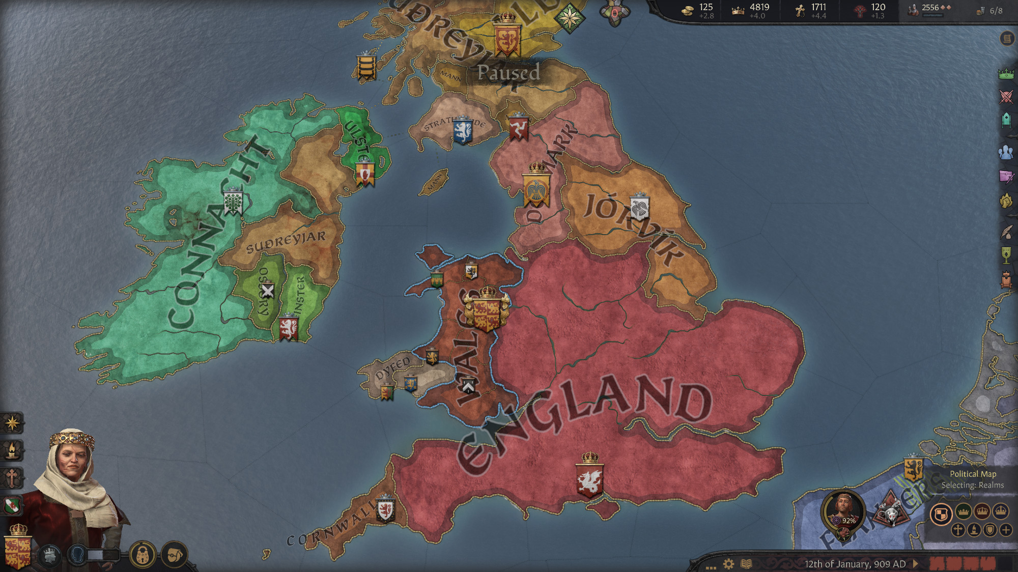 Britain in 909 AD: England controls the South and Midlands except York and has pushed Cornwall out to Land's End. The North is under Danish control.