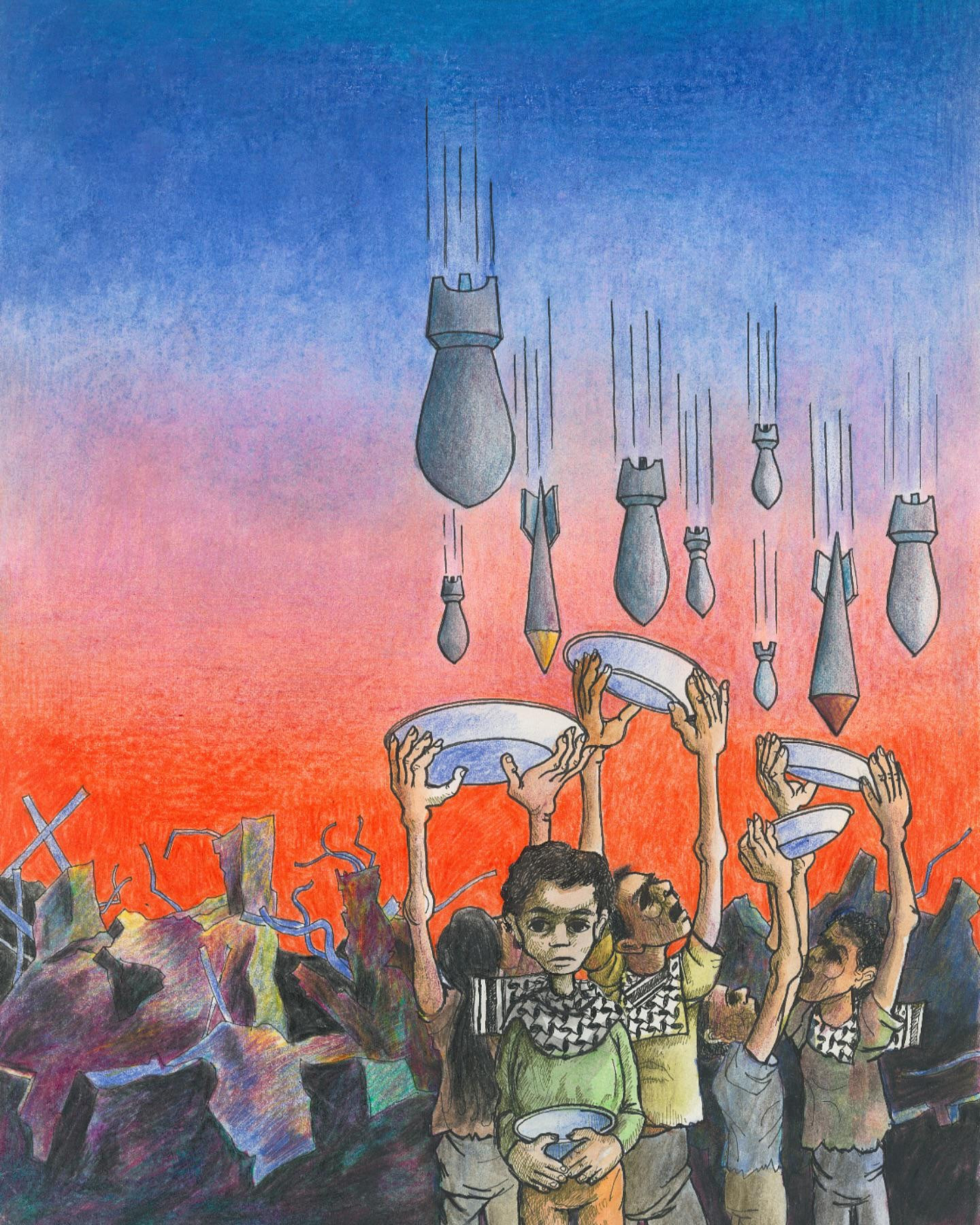 Palestinian children hold bowls in outstretched arms as bombs rain down into them instead of food. 