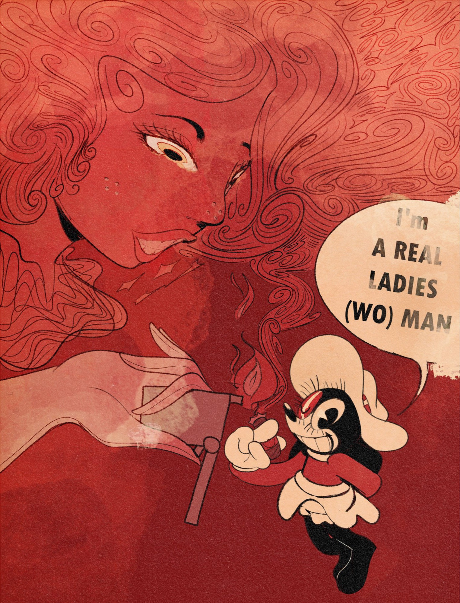 Curly haired woman lighting a small cartoon dog woman’s cigar