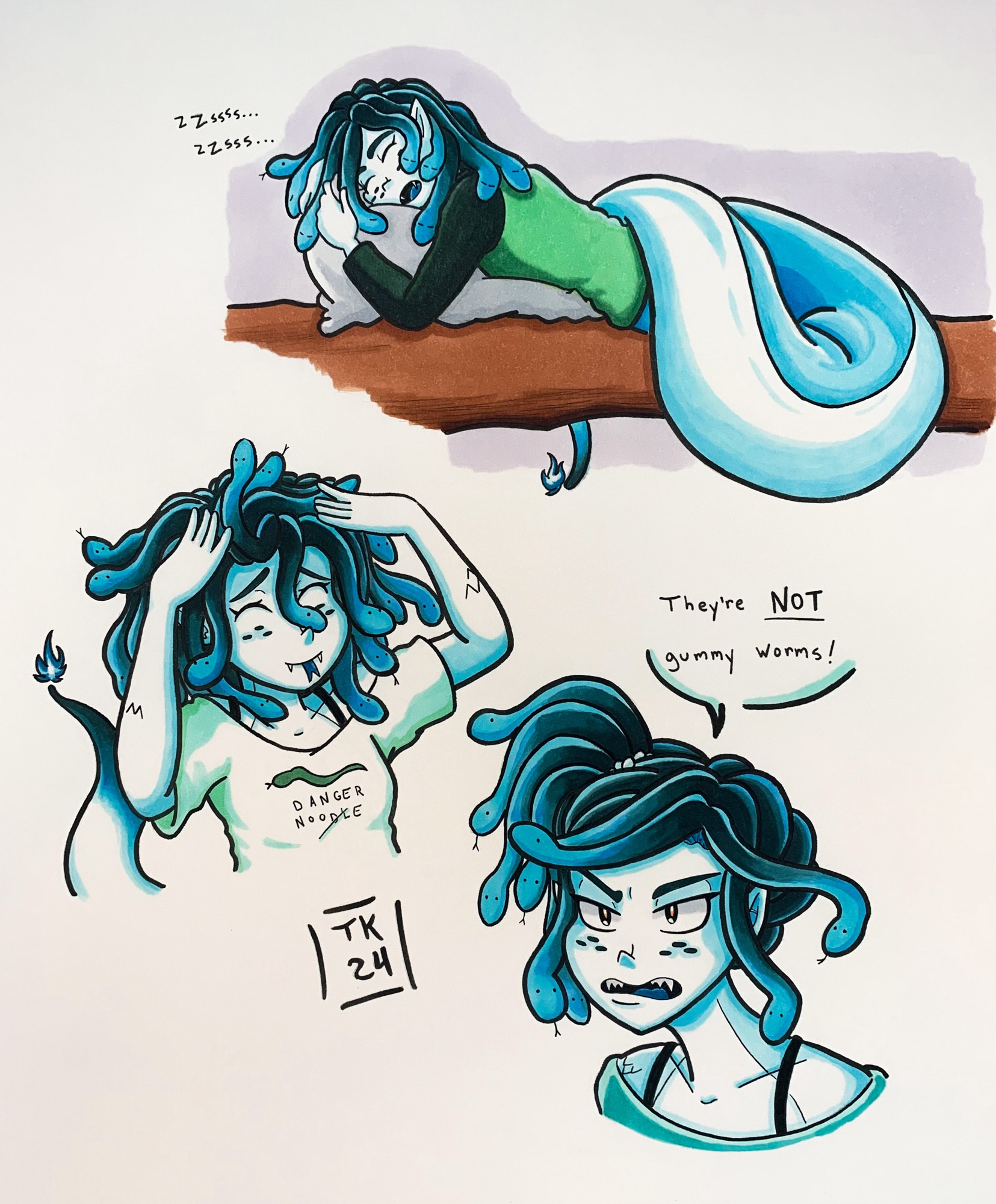 Top: Alma the snake lady sleeping on a log in her pajamas. Her hair snakes are also asleep except for one that’s peeking out.

Middle: Alma in the “Eto bleh” meme pose with her forked tongue sticking out.

Bottom: Alma angrily referring to her hair and saying “They’re NOT gummy worms!”