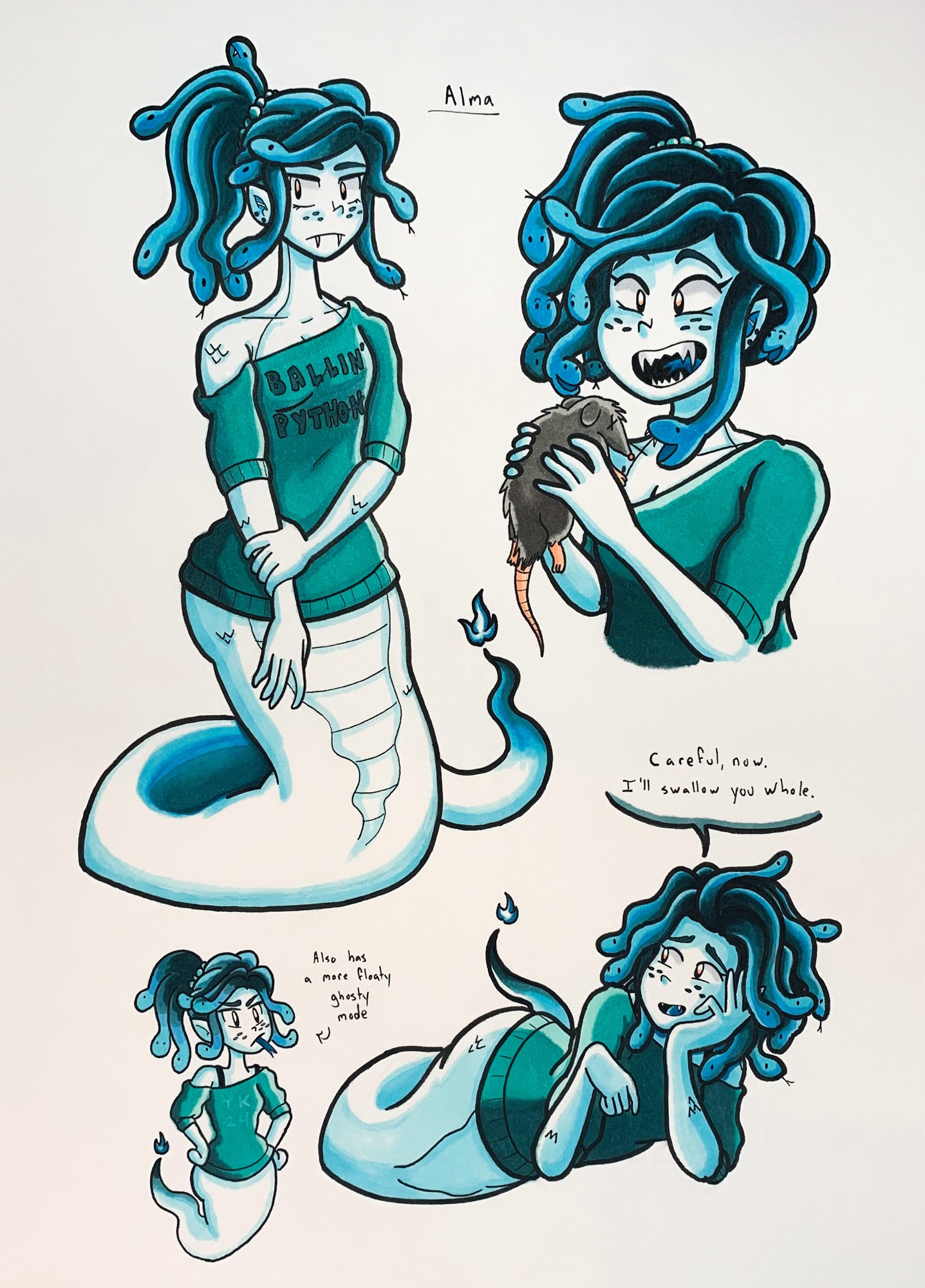 Top left: A ghostly snake woman with snakes for hair like medusa, and a blue flame at the tip of her tail. She has an uncomfortable expression and pose as she wears a sweater that says “Ballin’ Python.” Her name is Alma.

Top right: Alma excitedly repairs to eat a dead rat, which she holds like a sandwhich.

Bottom left: Alma has a chibi, more ghost-like form.

Bottom right: Alma laying in a sultry position, saying “Careful, now. I’ll swallow you whole.”