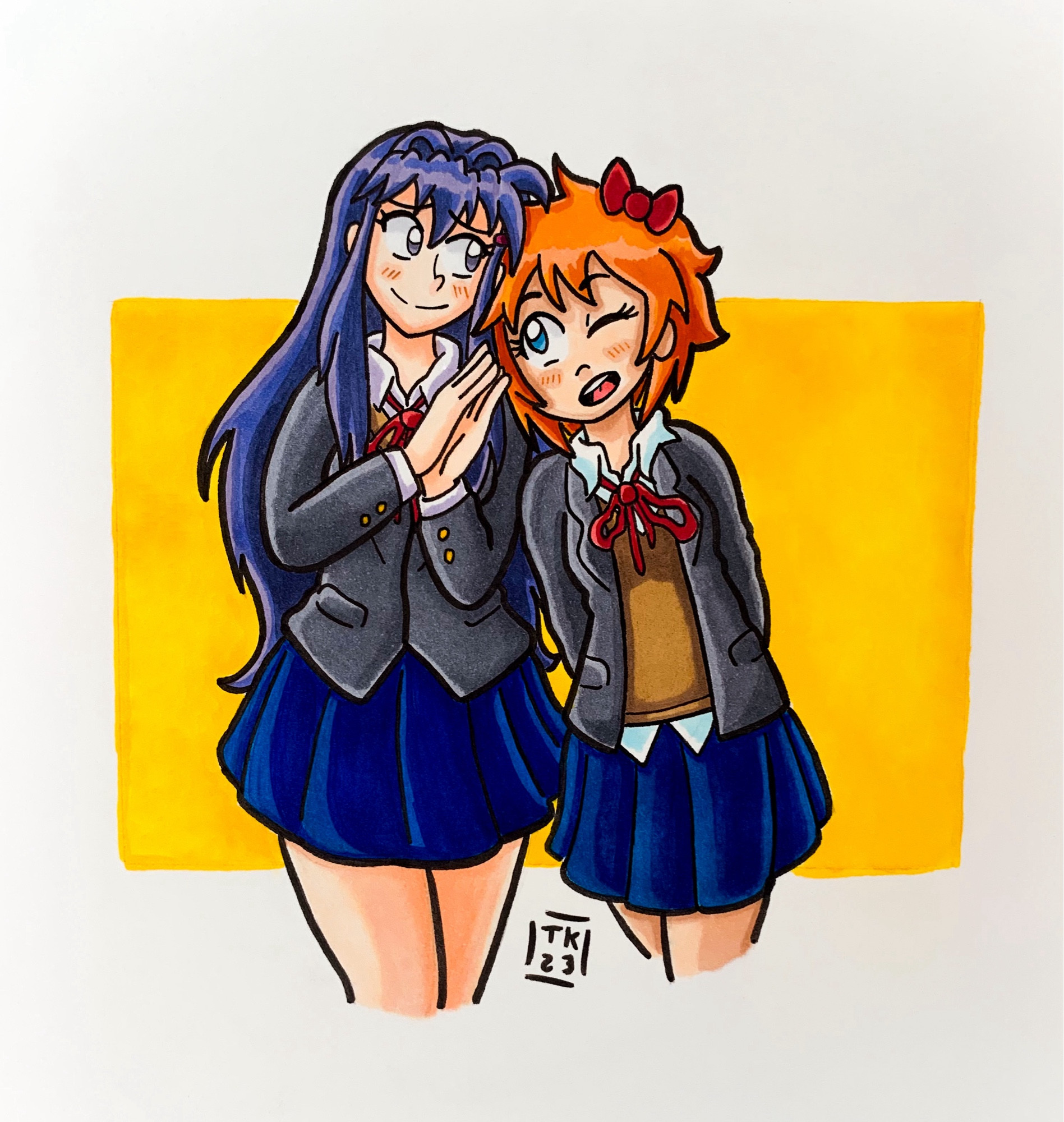 Yuri and Sayori walking. Sayori is leaning her head on Yuri’s shoulder, and Yuri is leaning on the top of Sayori’s head.