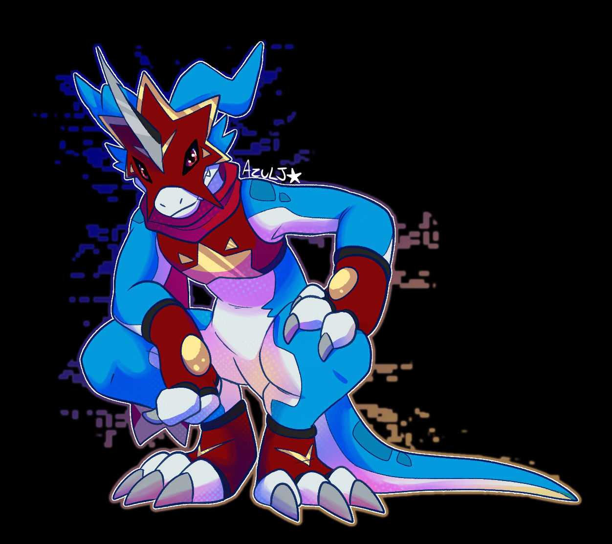 A custom version of Flamedramon as an evo of LJ's character Gidget. This Flamedramon is blue with a white underbelly and darker blue scales on the tail and shoulders. Instead of traditional Flamedramon armor they wear fingerless gloves on their hands and feet. Their gloves are red with golden colored jewels. On the feet the gloves have gold Vs. The chest armor is still very similar to traditional Flamedramon's but instead of the stripes there's one large gold star on the chest. The Helmet is mostly the same but with more of a star shape than traditional broken egg. They wear a scarf that drapes behind them as they're crouched. Gidget stares at the screen with a cocky expression.