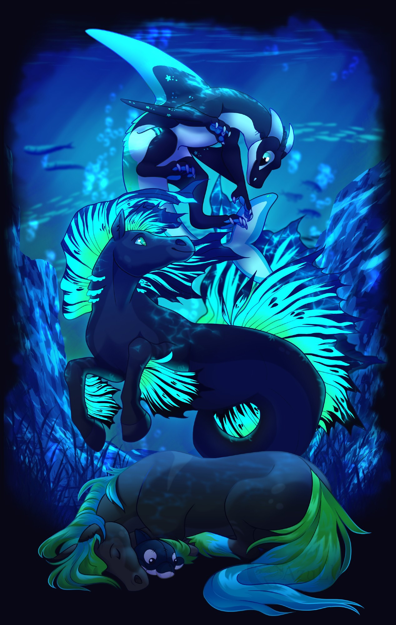 A black and grey horse with a green/blue mane and tail is curled up with an orca plush sleping. Above them in a hazy border is an underwater dream sequence of their hippocampus form, with bright glowing betta fish like fins. Swimming above them is their Dream Drake (closed species by AzuLJ) Flyp, enjoying their time together in Des' dream!

So much love put into this, I don't get to draw horses often so that was a treat on top of drawing a Hippocampus! Not only that but I got to draw a Dream Drake I designed ;; so happy to bring this piece to fruition. A lot of trust from Des as well with the design process for the Hippocampus form. Just over all had a lovely experience with this!