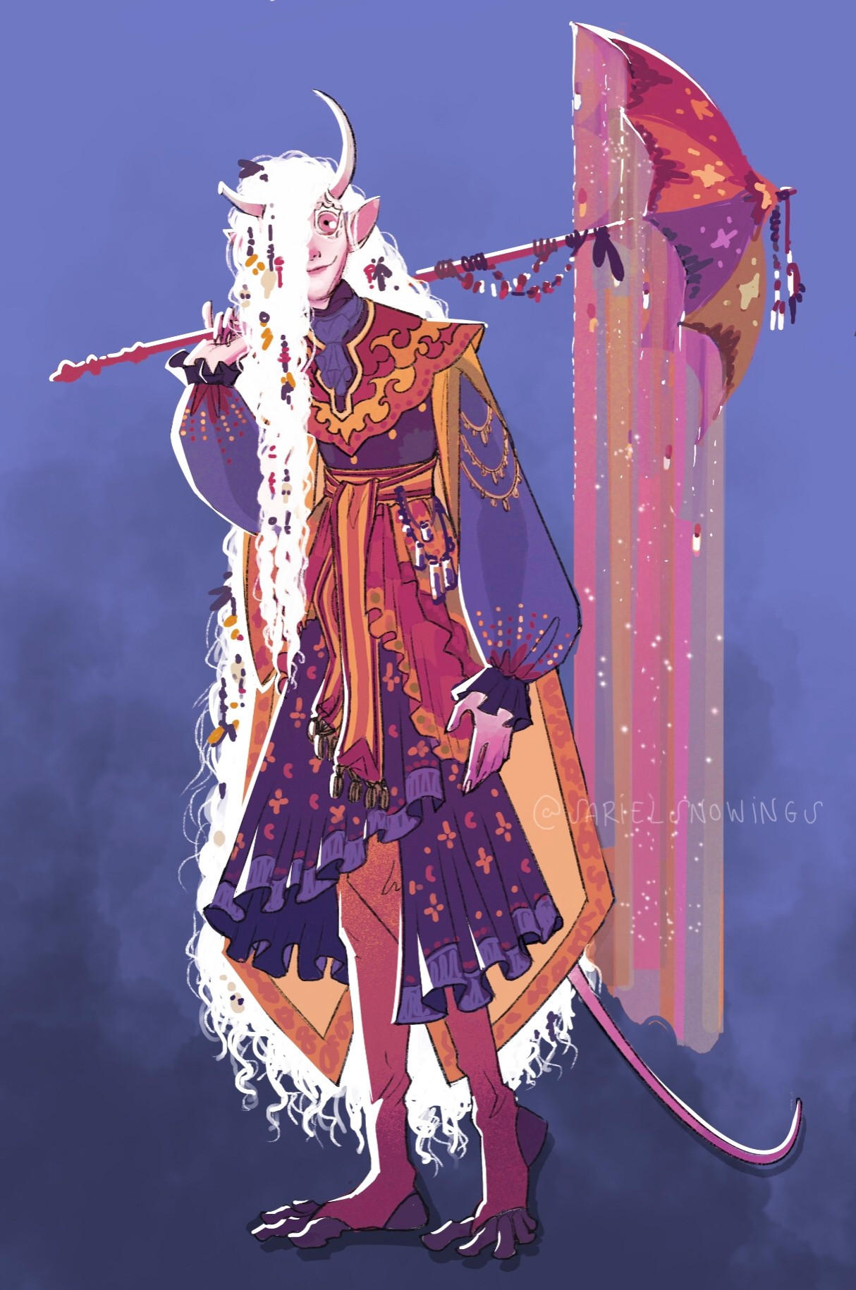 A digital drawing of Dazzle, a lenky, albino tiefling (demon-like person) with very long, wavy hair and a multilayered colourful outfit. They're holding a patchwork umbrella with a sheer glittery veil hanging form it. They have trinkets hanging from their belt, the umbrella staff and strands of their hair. They look at the viewer with a kind, yet somewhat unnerving expression, their one visible red eye (the other is covered by their hair)staring expectantly and a smile on their thin lips. They have horns shaped like a crescent moon on their head, the right one broken off. Their slender tail peeks out of the back of their clothes.