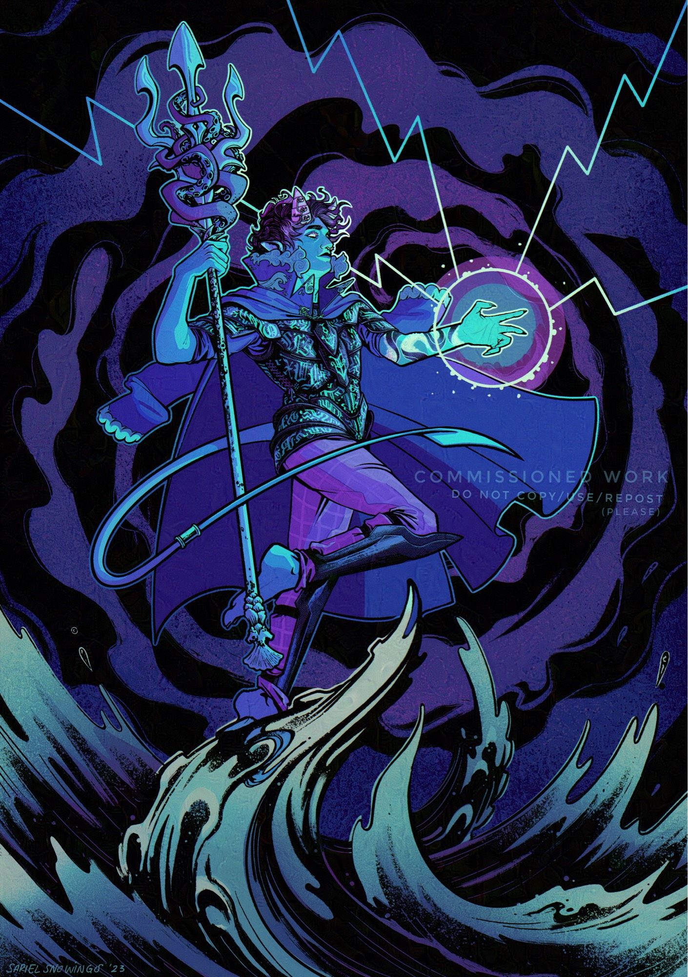 A digital drawing in dark blue and purple hues with teal accents of a demon-like person with light blue skin, short conical horns and a long tail in a powerful pose floating over a roaring ocean. His short, wavy, dark hair and big overcoat billow in the storm. He’s got a hand extended out casting a lightning spell. On that same arm, a glowing tattoo of a tentacle is visible. He’s also holding up a trident covered in further tentacles and barnacles.