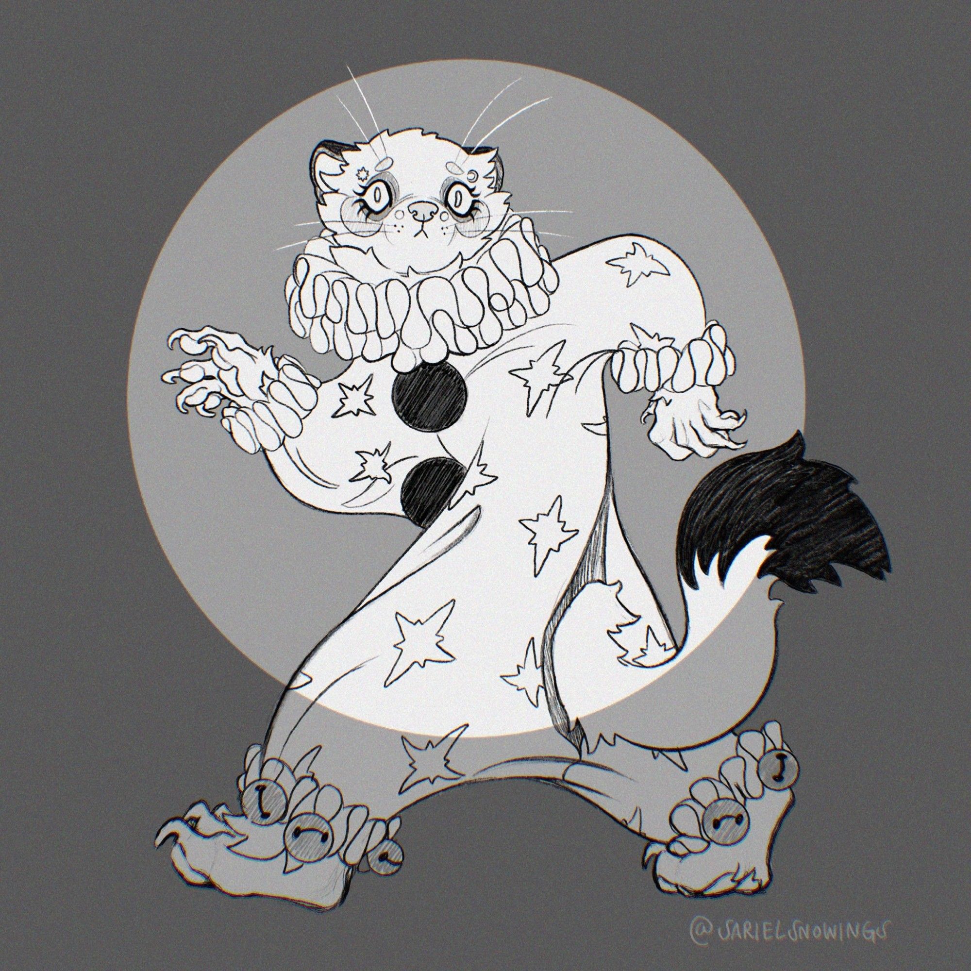 Greyscale digital doodle of a white stoat (weasel-like animal) caught mid-walk by a stage light, looking at the camera like their cover was just blown. They're wearing a clown outfit with big ruffles and pompoms down the middle, decorated with stars and with little bells at the ankles.