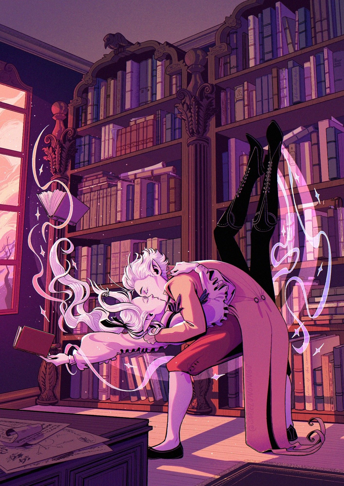 A full colour, digital illustration of two shape shifters shown in their original form (white skin and hair, long elven like ears) sharing a kiss in their library. The background is a gigantic bookshelf filled to the brim. Oz (on the left) has long, flowy hair and is wearing a frilly shirt and black trousers. Lux (holding Oz, on the right) wears a tailcoat and breeches and has short hair. The pose was inspired by a picture from the Globe’s 2013 production of Shakespeare’s A Midsummer Night’s Dream.