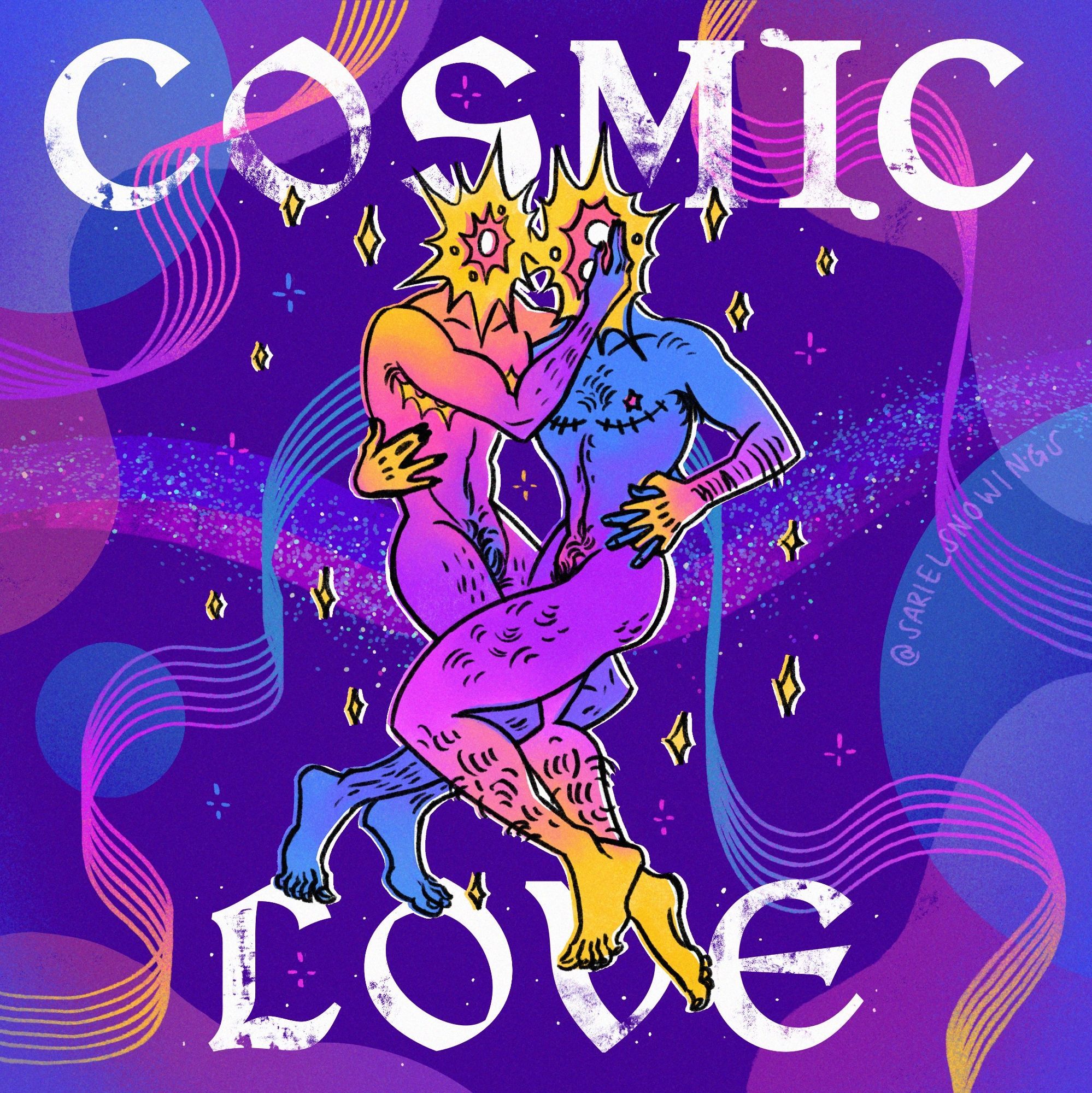 A digital drawing in vaporwave-rainbow colours of two transmasc individuals holding each other tenderly. They have stars for heads and are floating in a nebula surrounded by smaller sparkles. They both show top surgery scars on their chest and have somewhat hairy bodies. On the background appear the words “cosmic love”.