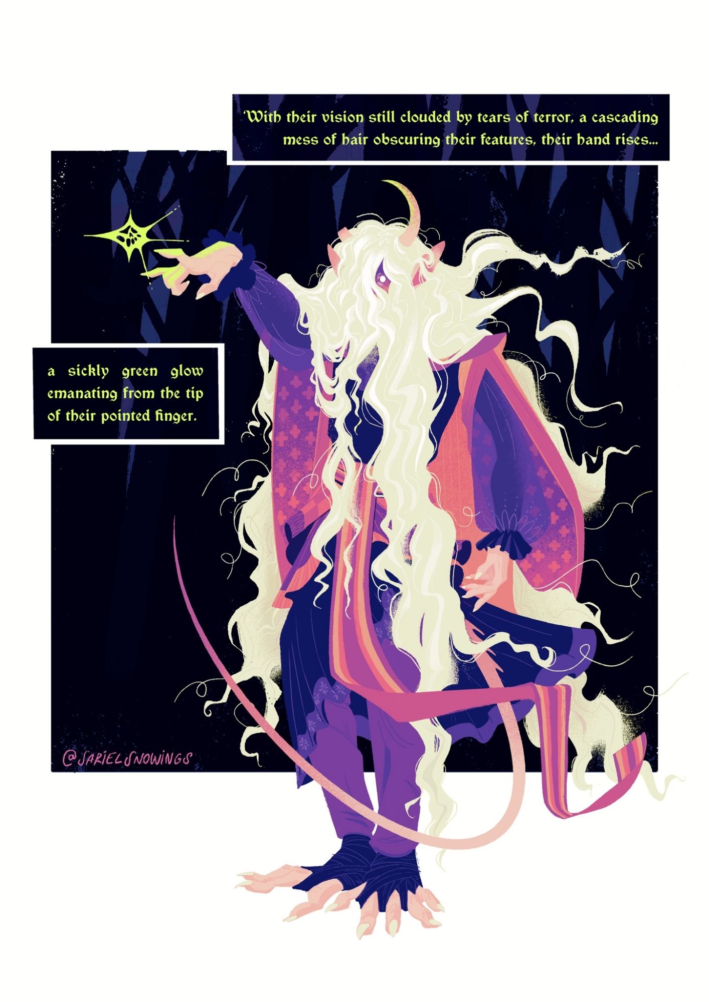 A digital drawing of Dazzle the albino tiefling casting a spell. The text reads: With their vision still clouded by tears of terror, a cascading mess of hair obscuring their features, their hand rises… a sickly green glow emanating from the tip of their pointed finger.”