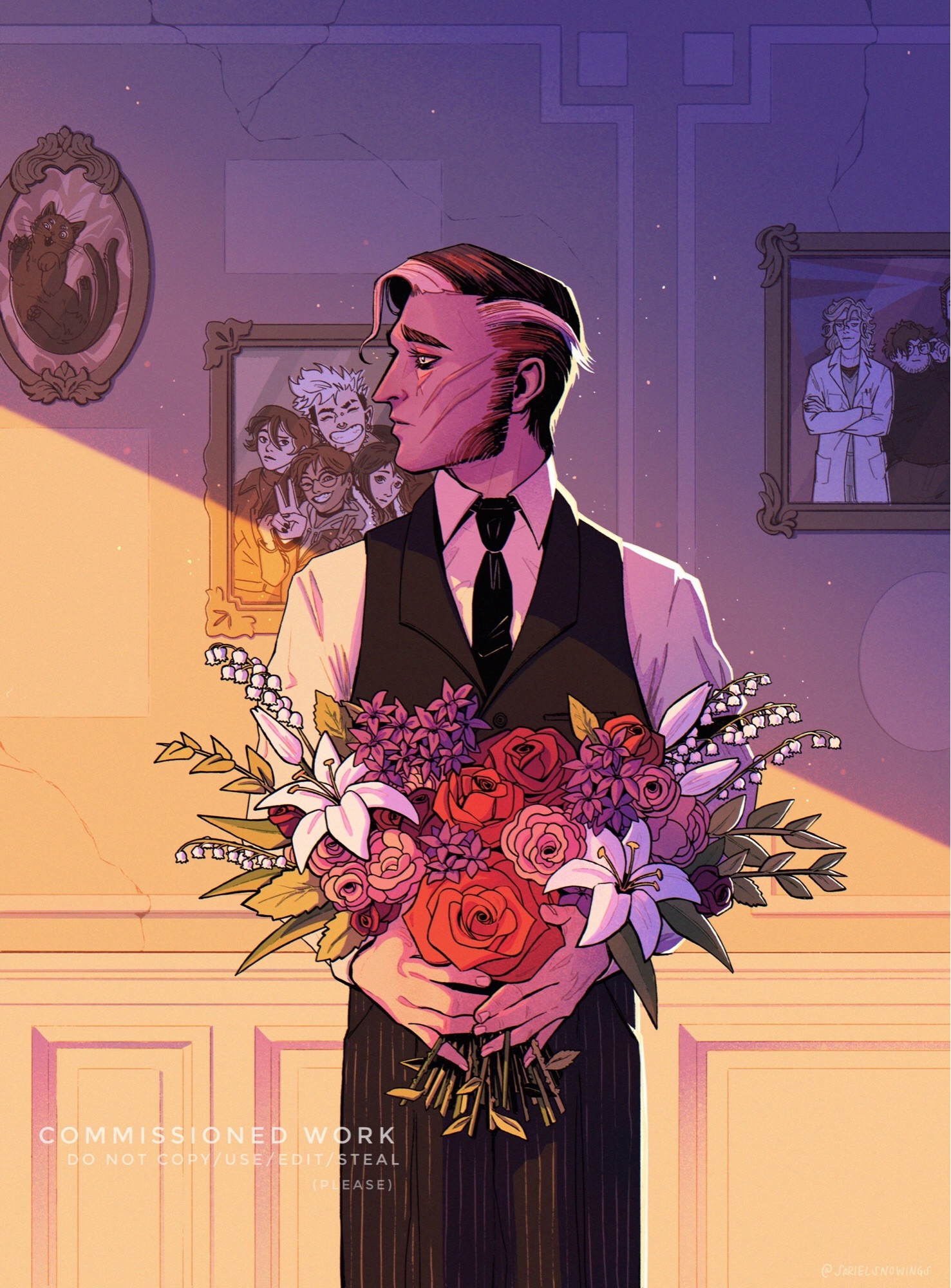 Digital drawing of a sad-looking gentleman holding a bouquet of flowers. He's standing facing the viewer but with his face in profile to the left. There's moody lighting coming from a window out of view, shining on the bouquet of flowers but leaving his face in shadow. In the background there are pictures of friends, along with some discoloured spaces where pictures used to hang and don't anymore.