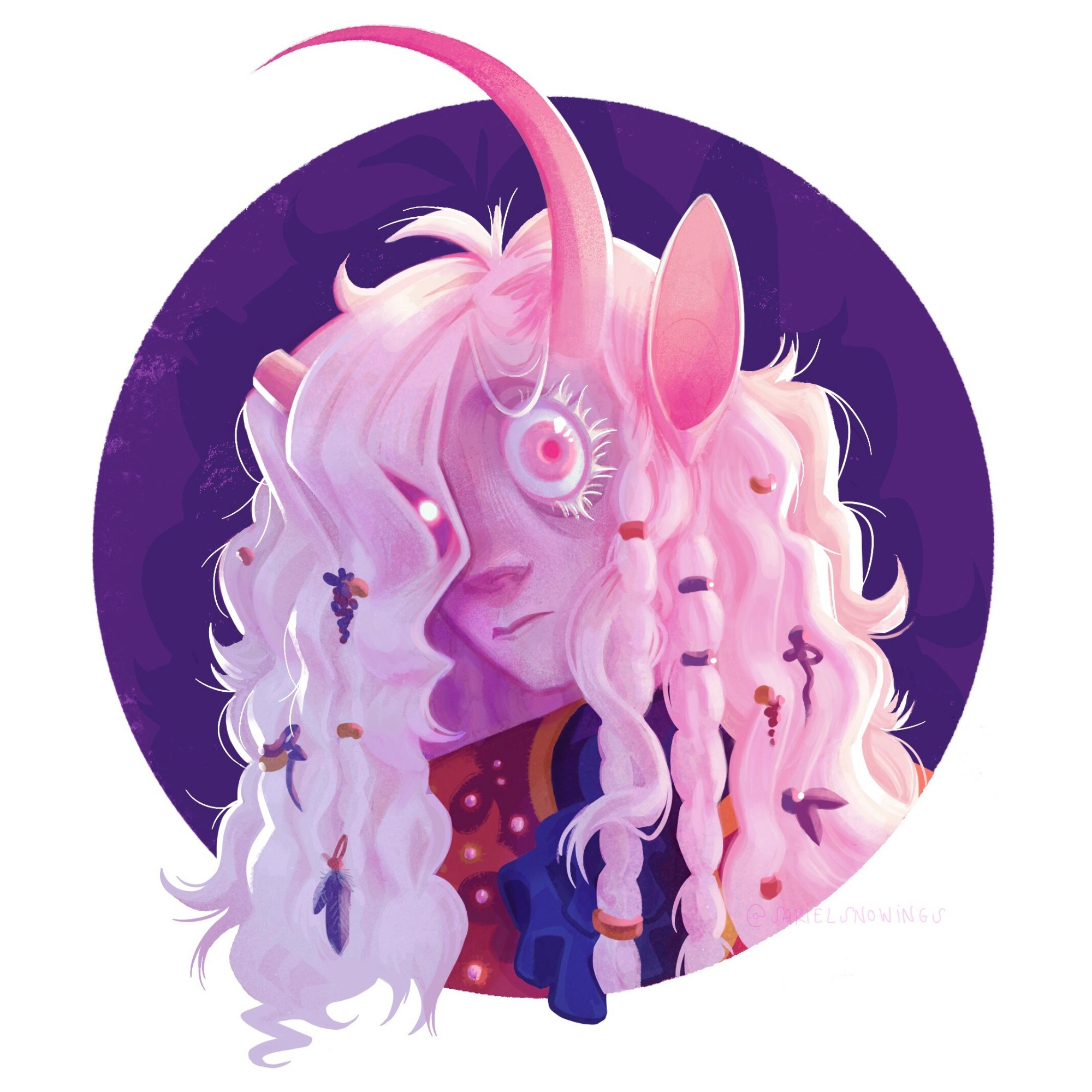 A digital portrait of Dazzle the albino tiefling (demon-like person) with very long, wavy, messy white hair and big, pink eyes. They're wearing colourful clothes and little ceramic decorations on their hair. Only one of their eyes is visible while the other is obscured by their locks. Their asymmetrical horns resemble an off-centred crescent moon. One of their long, goat-like ears is also visible and pointing upwards as if listening to something.