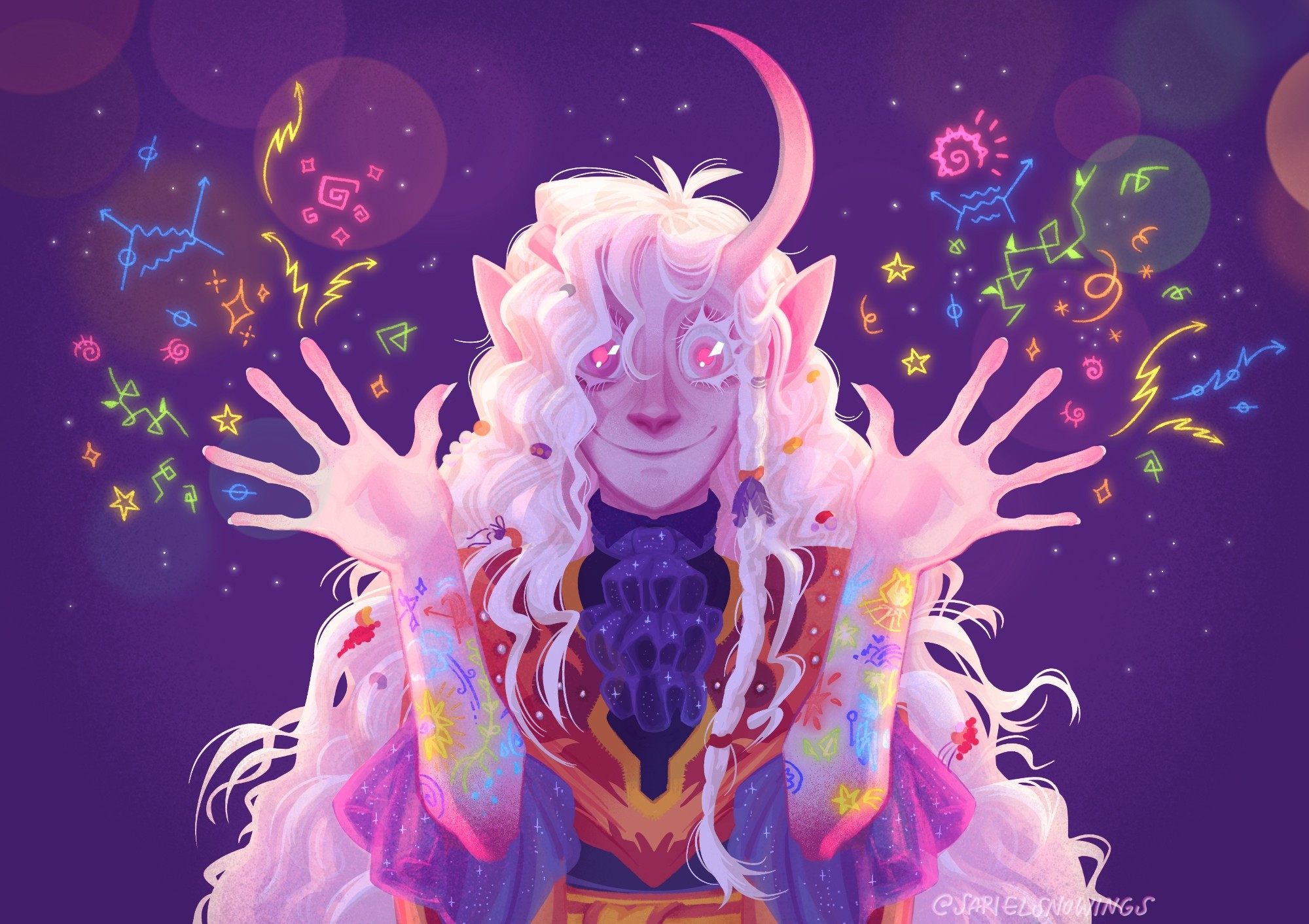 Another digital portrait of Dazzle, this time down to their mid waist. They're an albino tiefling (demon-like person) with very long, wavy, messy white hair and big, pink eyes. They're wearing colourful clothes and little ceramic decorations on their hair. Their asymmetrical horns resemble an off-centred crescent moon. Their long, goat-like ears are also visible and pointing forwards. They have colourful doodles on their bare forearms and similar colourful shapes come out of their fingertips like confetti.