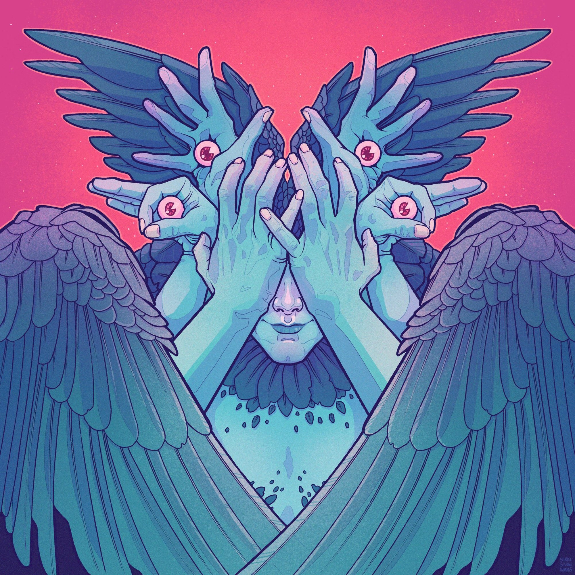 A digital drawing of an angelic creature with four wings and three sets of hands covering their eyes and instead holding four eyeballs above their head. They're one of my faves. Very gender. Wish they'd tuck me in at night.