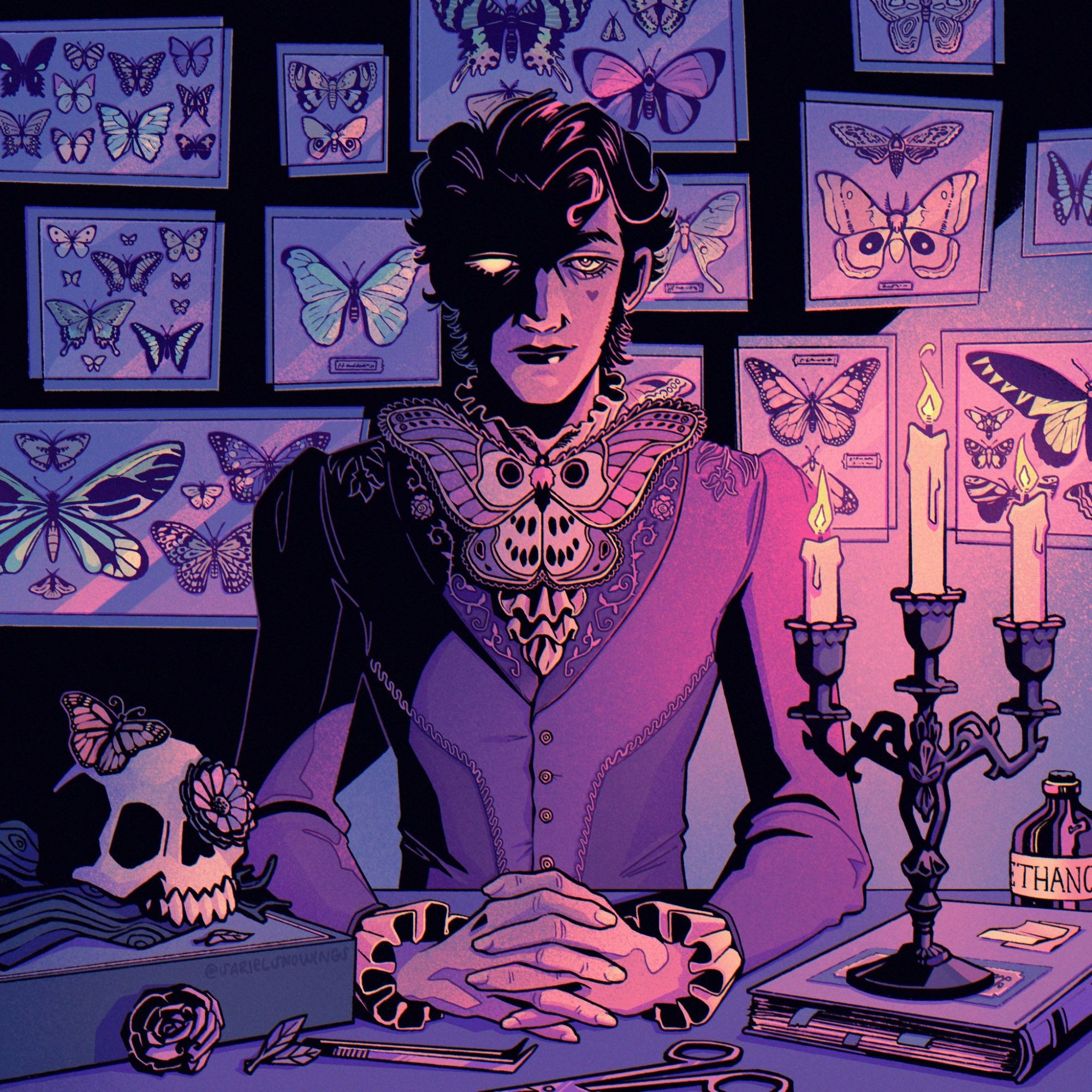 A digital drawing with thick inks and full-black shadows of a figure in a victorian-inspired suit sitting at a desk in front of a wall of taxidermied butterflies and moths. They're sitting straight, facing the viewer in a very symmetrical pose, fingers interlaced, hands resting on the table. The main palette is purples, pinks and blues and the scene is lit by a candle on the right side of the desk. Half of the lepidopterist's face is in complete shadow, with his right eye (viewer's left) shining an ominous glow from the darkness. The desk also contains a book, an ethanol flask, various tools and a half-finished diorama of a human skull, tree branches, flowers and a monarch butterfly. They hope you're having a nice day and didn't happen to wander into his study by mistake. Lots of lost souls walking around these days... 