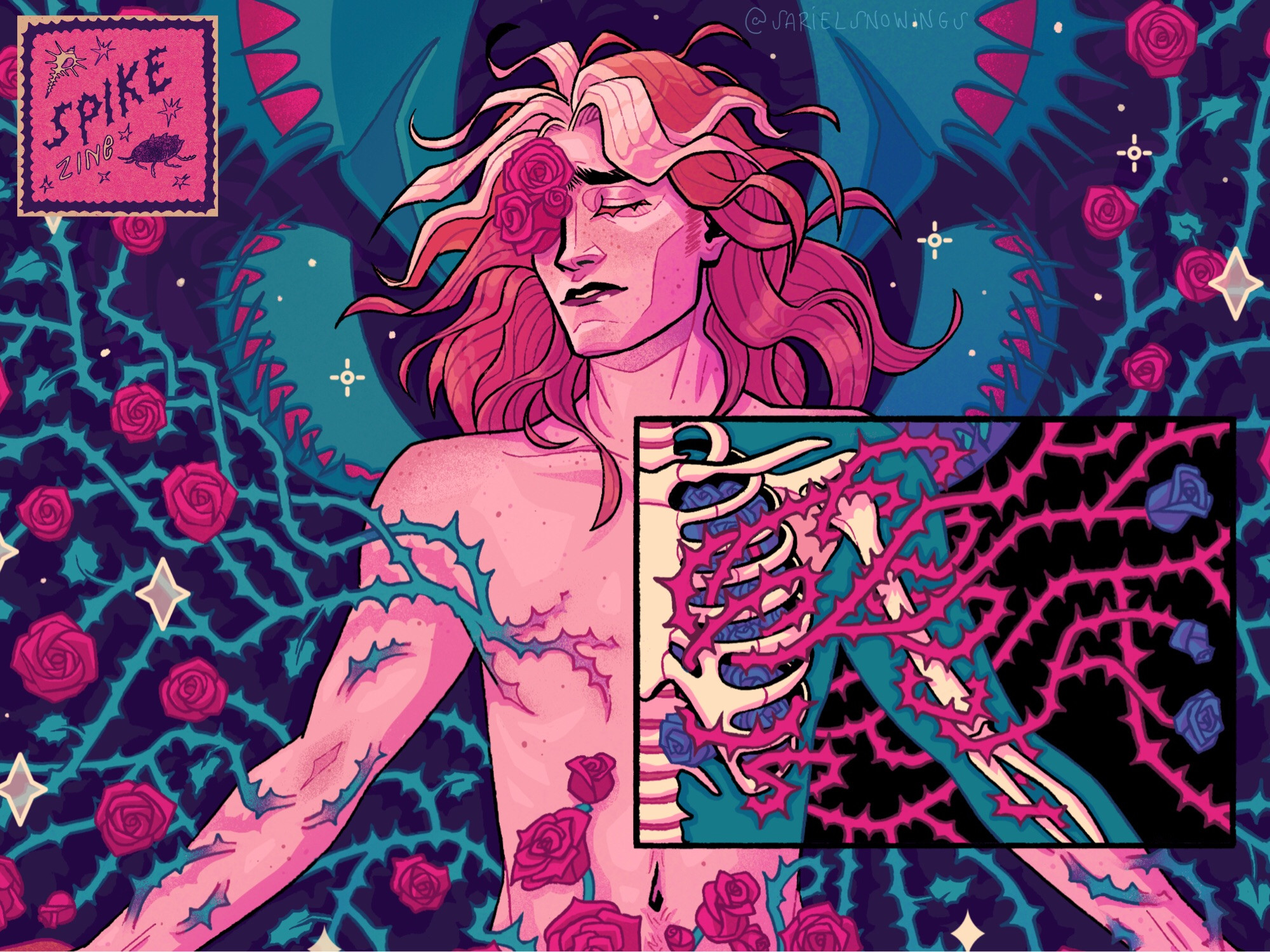 A cropped preview of a bigger digital drawing in teals, purples and strawberry reds. It shows the upper body of Dr. Nathaniel C. Thorne, Sariel’s botanist OC, in front of Venus fly traps. He’s got vines full of thorns and roses growing out of his right top surgery scar, arms and torso. His left side has a panel showing an x-ray version of half his rib cage which has more vines wrapped around it and roses inside it. There are also roses growing out of his right eye socket. On the upper left corner there’s the Spike Zine logo.