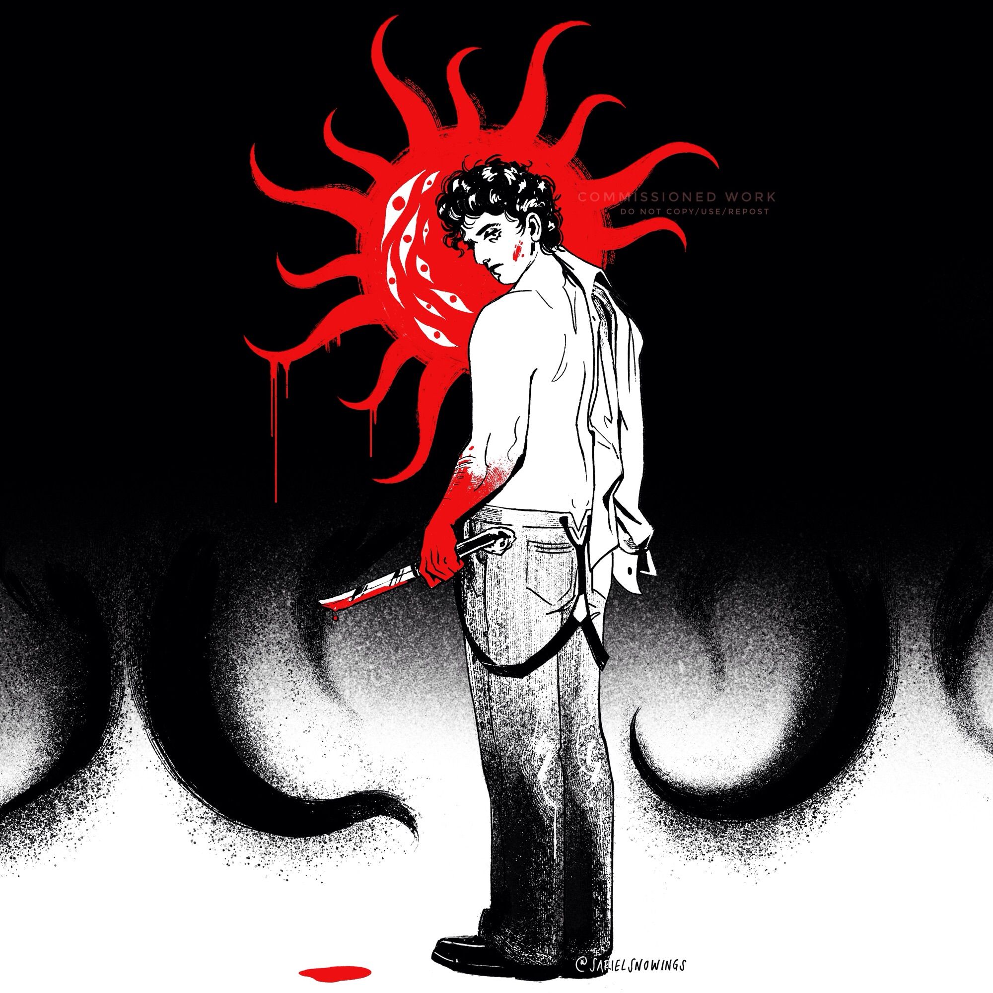 A digital drawing in black, white and red of a young man with his back to us, peering at us from over his naked shoulder, a white shirt hanging from his other shoulder and a bloodied knife in his left hand. Dark eldritch tentacles cover the background.