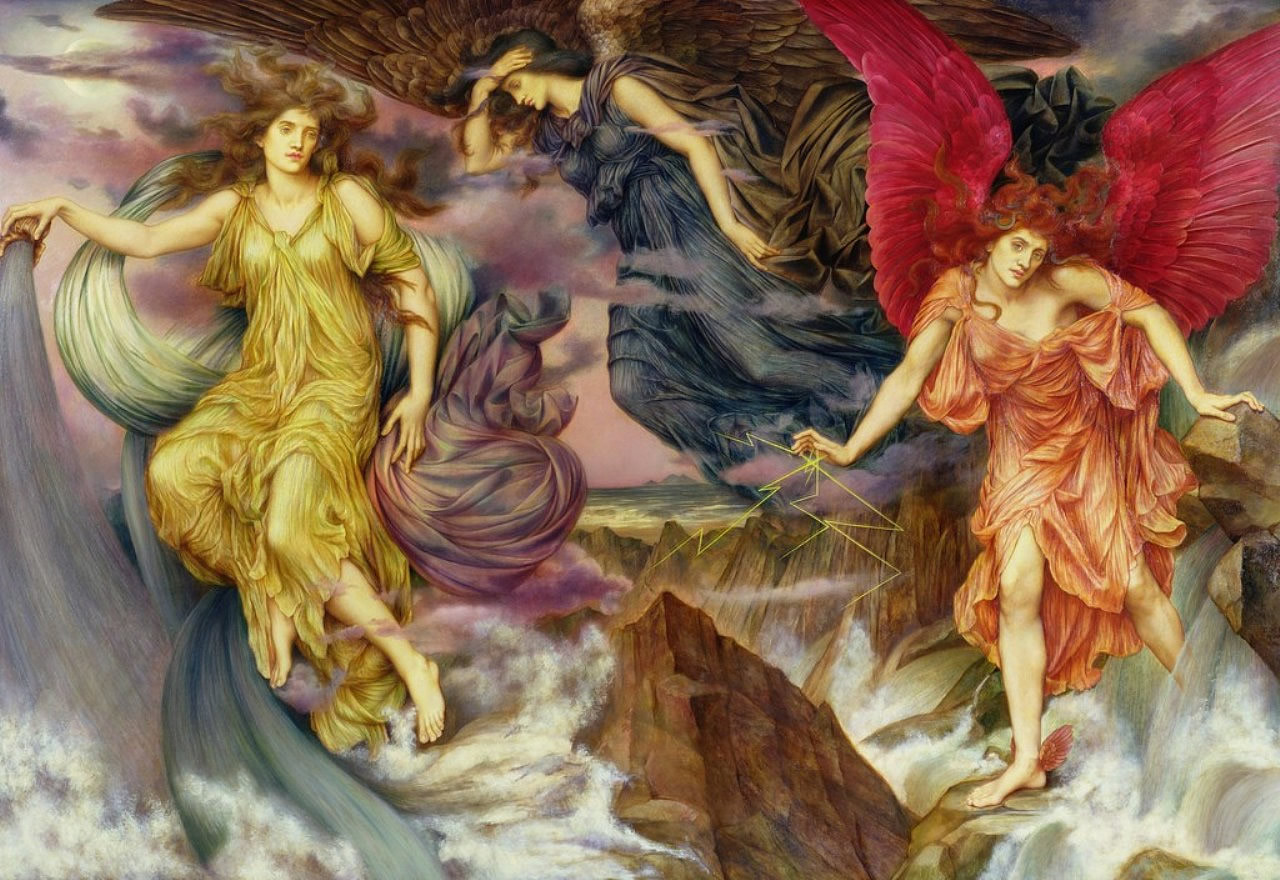 https://www.demorgan.org.uk/collection/the-storm-spirits/: 
"In this painting the element of rain, thunder and lightning are personified as strong, beautiful female spirits, causing chaos and turbulence in the sea below them. To the left, dressed in yellow, is the spirit of Rain pouring grey water from a never-ending vial. To the right, Lightning – a red-winged figure with winged feet, hurls lightning bolts into the storm. At the top centre is the spirit of the Thunderclouds, dressed in dark blue with her dark wings and draperies merging into the thunderclouds around her.

However, in the centre of the image, is a small oasis of sanctuary, away from the pandemonium of the foreground, which offers a sense of hope for a calmer future. The painting was executed in the middle of the Boer War and as such, it can be read as a symbolic depiction of the chaos of war and hope for a return to peace."