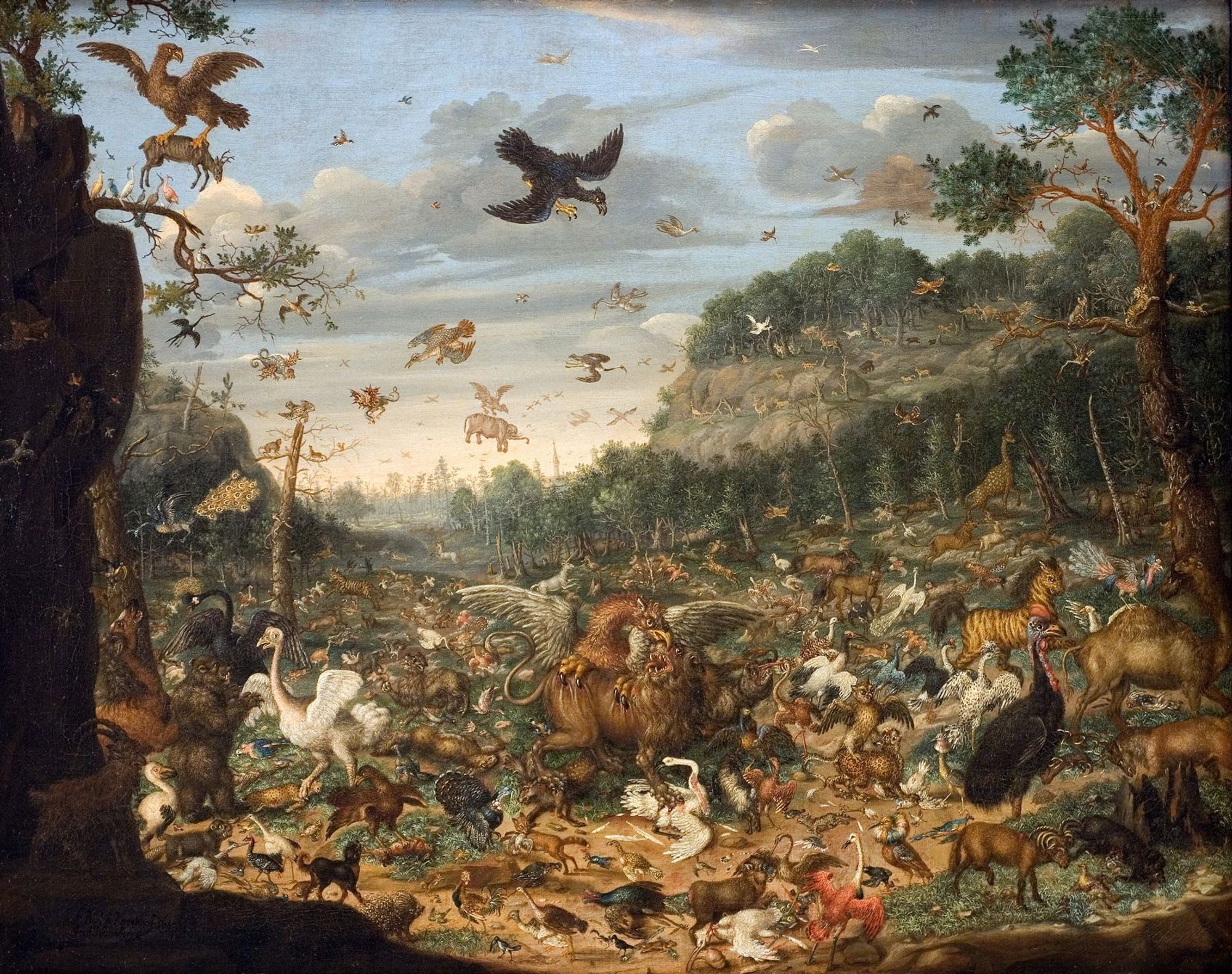 Rasmus Kjærboe: It shows what happened when Adam and Eve ate from the Tree of Knowledge. From all creatures living peacefully side by side in plenty, to a barren world ravaged by murder and mayhem. These are moral object lessons; not zoology. Obviously the artist did not study living animals, but copied older sources instead. In the depiction of Earth, animals from every corner of the world mingle with imaginary creatures. On the threshold of the modern era, belief in Christian traditions had become more abstract. Perhaps von Rosenhof's paintings do not so much convey a religious message as they provide a humorous illustration of the philosopher Thomas Hobbes' (1588 1679) thesis that without sovereign government we risk a war of all against all. // lesenswert (zum Tierfrieden): https://de.wikipedia.org/wiki/Tierfrieden