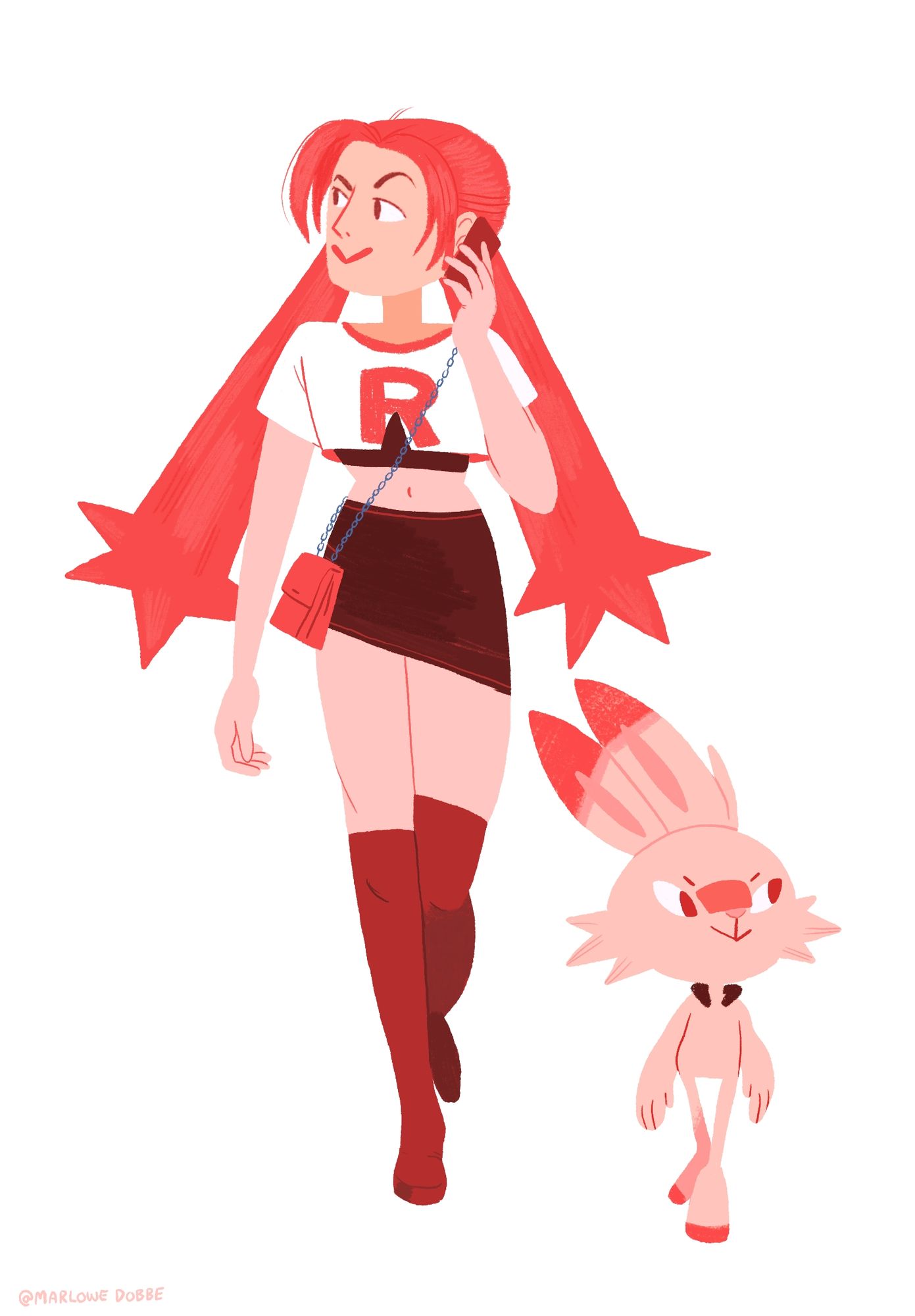 A red and pink illustration of a team rocket member walking towards the camera, looking to the side and holding a phone up to her ear. Next to her is a scorbun y walking and serving just as hard