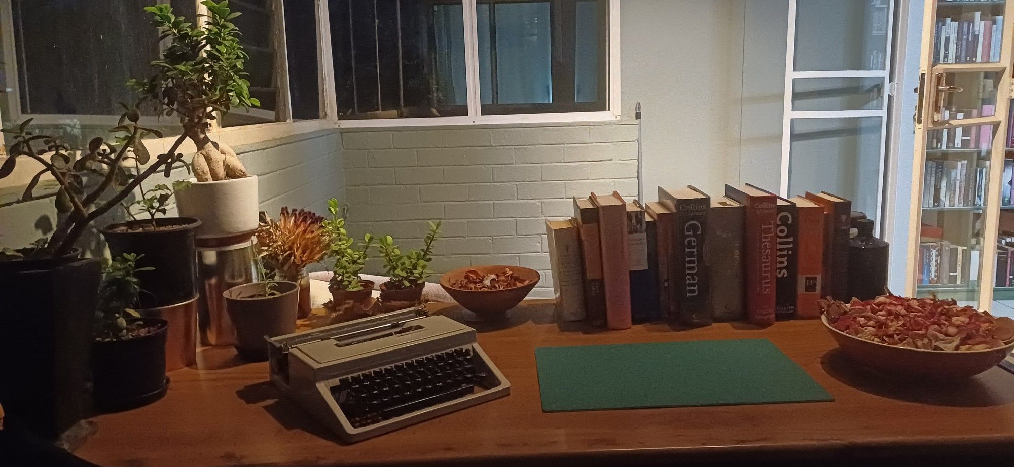 View of a desk and the glass doors leading to the room in the first image; on the desk can be seen some succulents in pots, a protea, and a lavender plant, as well as a Yugoslav-made Olivetti Lettera 33 portable typewriter, a green blotting pad, a row of dictionaries, a wooden bowl of rose petals, and a ceramic bowl of other floral petals.