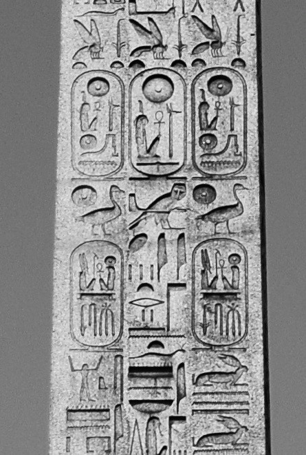 Black and white photo of the oldest monument in France. It was gifted in part to give thanks for the work Champollion did to decipher the hieroglyphs on the Rosetta Stone. The hieroglyphs include symbols that look like dragonflies or wasps, rabbits, an owl, and geese. There are humanoid figures, and several ankhs.
