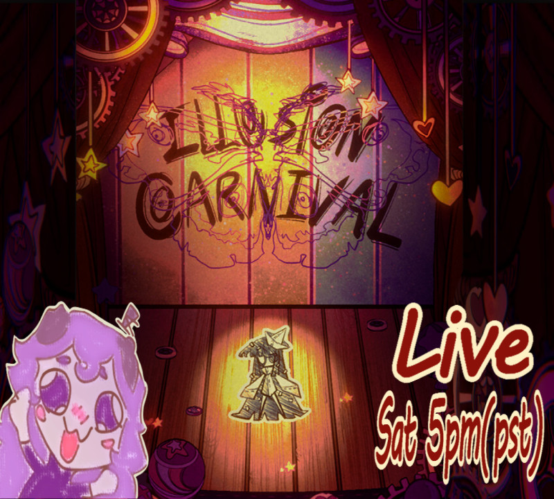 A thumbnail for a game called Illusion Carnival that will be streamed by a vtuber named MysteryPup. The thumbnail is a dimly lit theater stage. With stars and hearts dangling from the ceiling. A doodle of the games' character stands in the center with a stage light shining above them. MysteryPup's doodle icon is shown on the left bottom corner of the thumbnail. While the Livestream date is set on the bottom right.