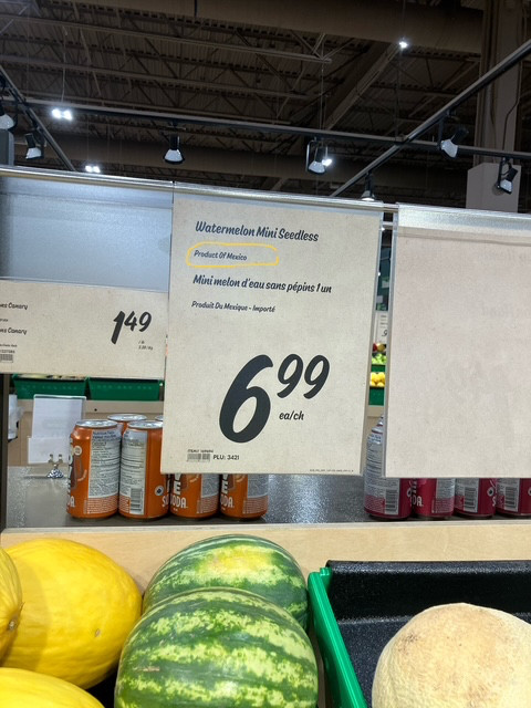 Sign for watermelon at Sobeys grocery store says "Product of Mexico".