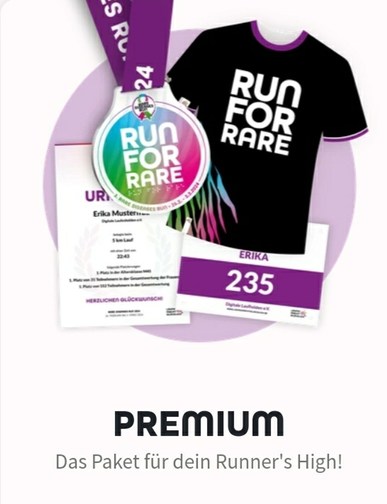 Premium-Laufpaket mit Medaille, Shirt, Urkunde und Startnummer