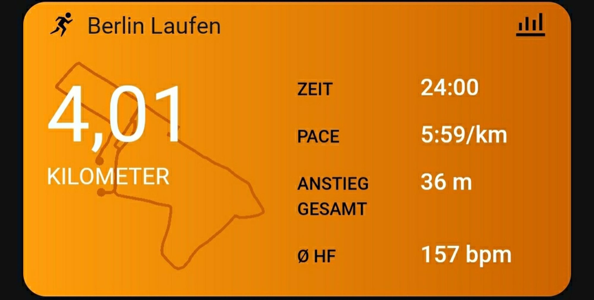 Screenshot der Laufuhr
Berlin Laufen 
4,01km in 24:00min
Pace 5:59/km