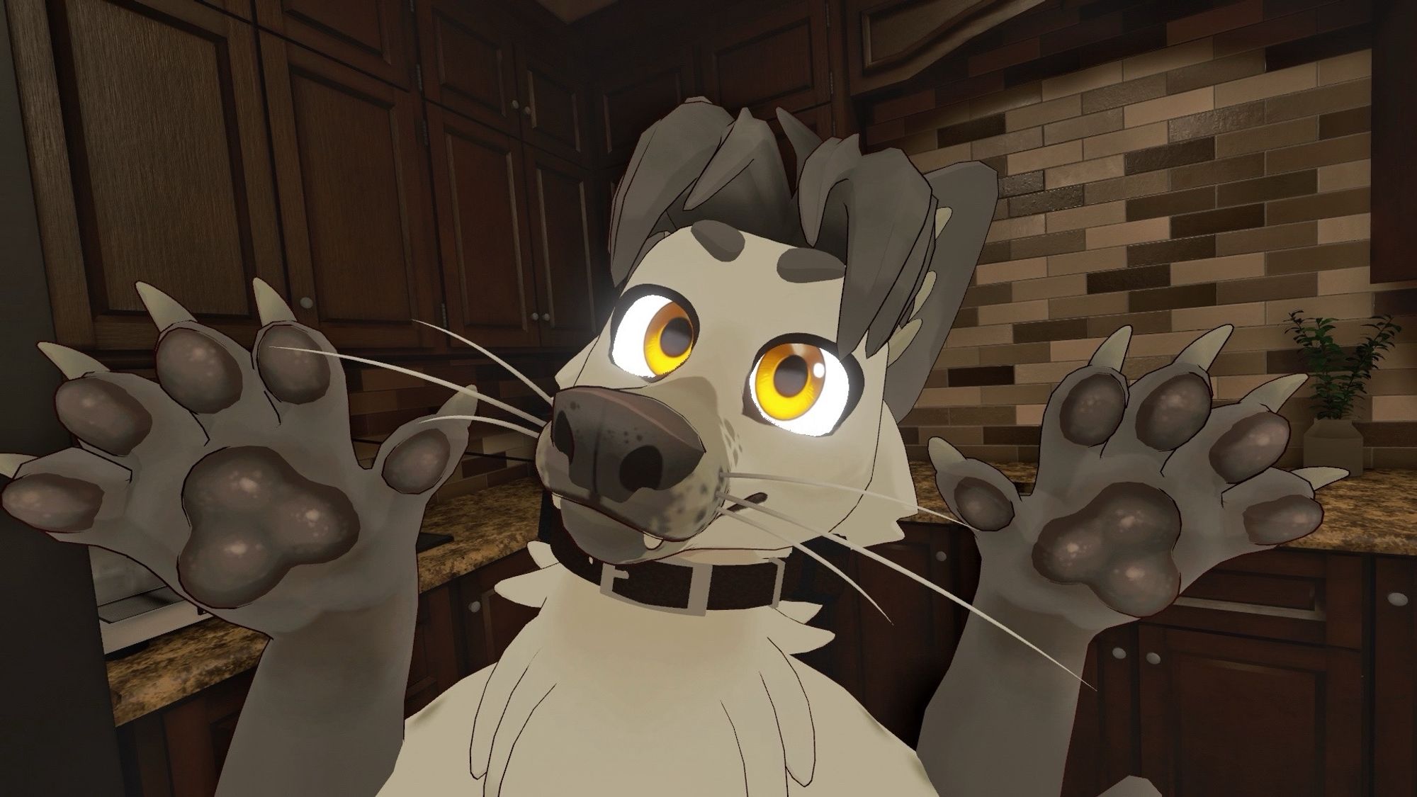 VRChat Avatar of a white anthropomorphic fox putting his paws up and looking towards the camera