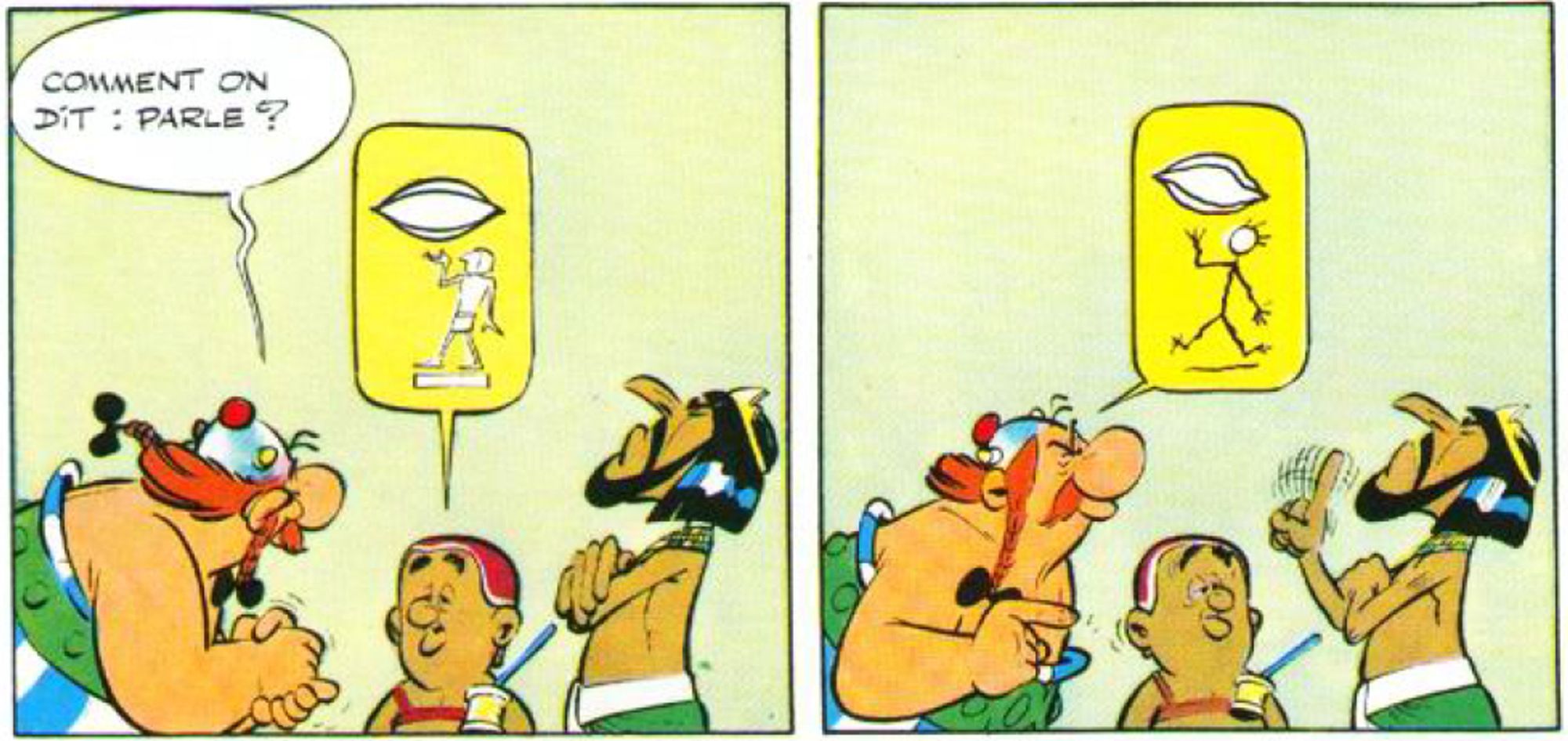 Viñeta de Astérix y Cleopatra en la que Obélix intenta hablar egipcio y le sale mal (lo que se representa con un jeroglífico mal dibujado)