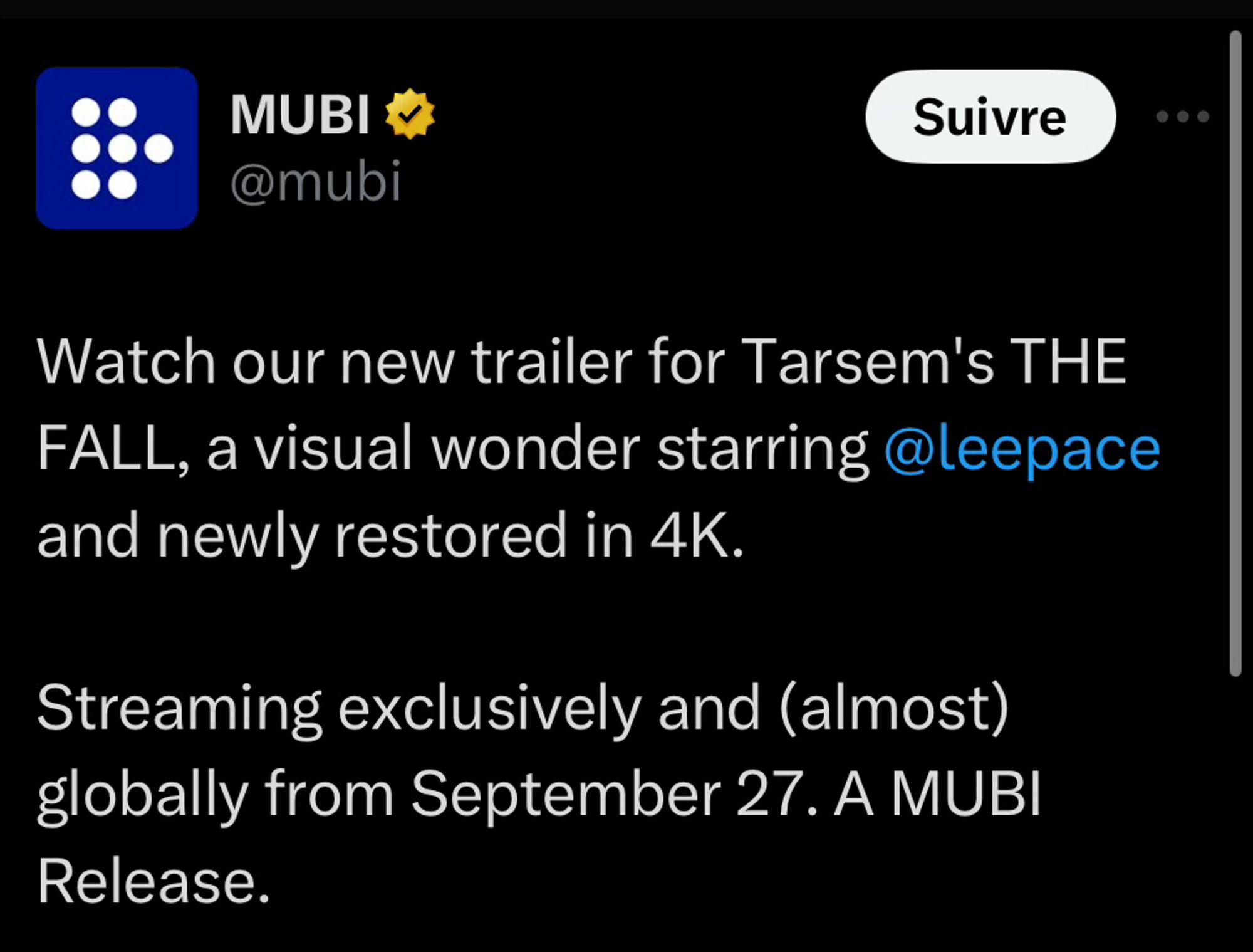 Watch our new trailer for Tarsem's THE FALL, a visual wonder starring @leepace and newly restored in 4K.

Streaming exclusively and (almost) globally from September 27. A MUBI Release.