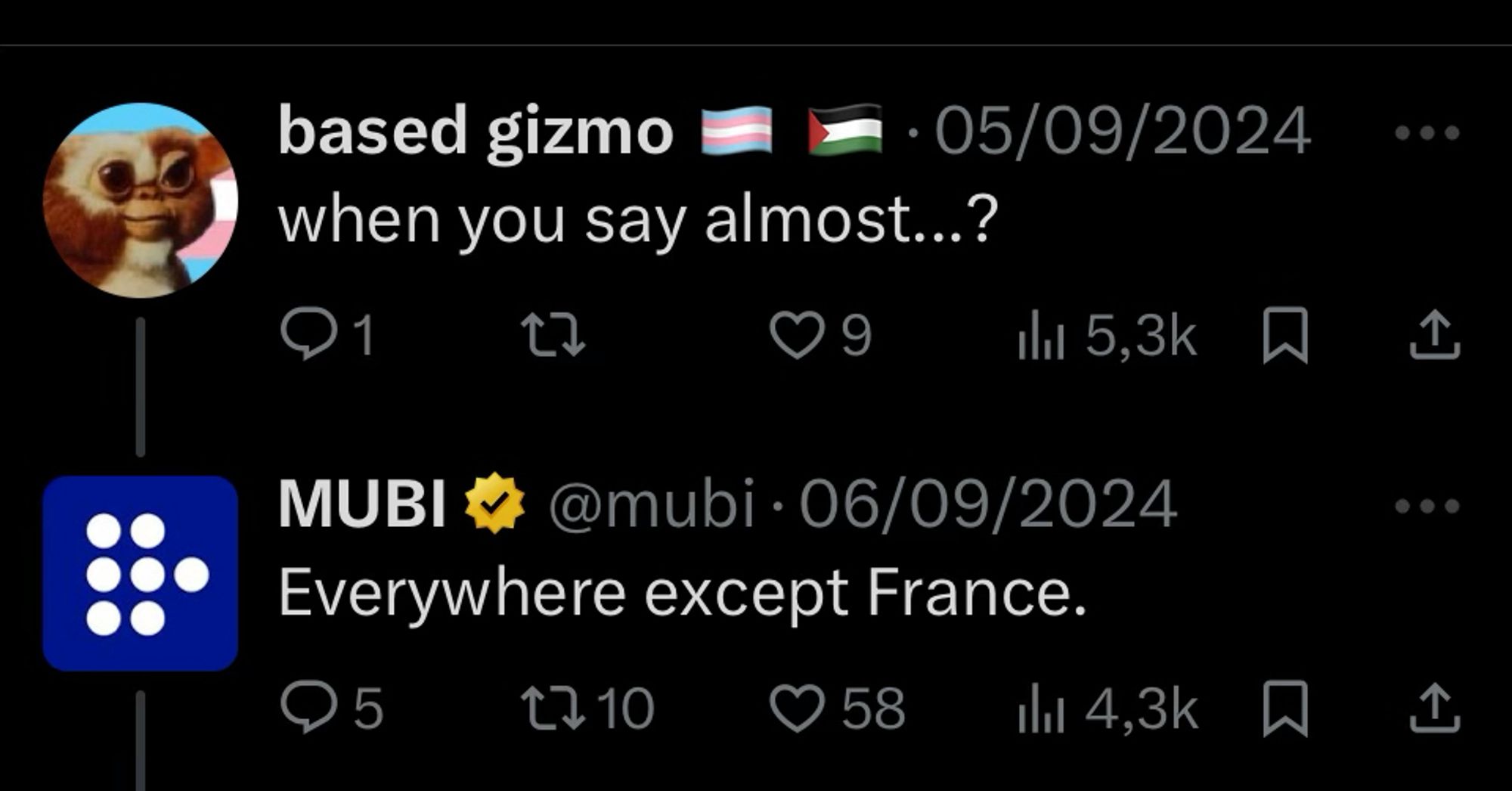 user based gizmo trans flag emoji palestine flag emoji: "when you say almost...?"

user MUBI: "Everywhere except France."