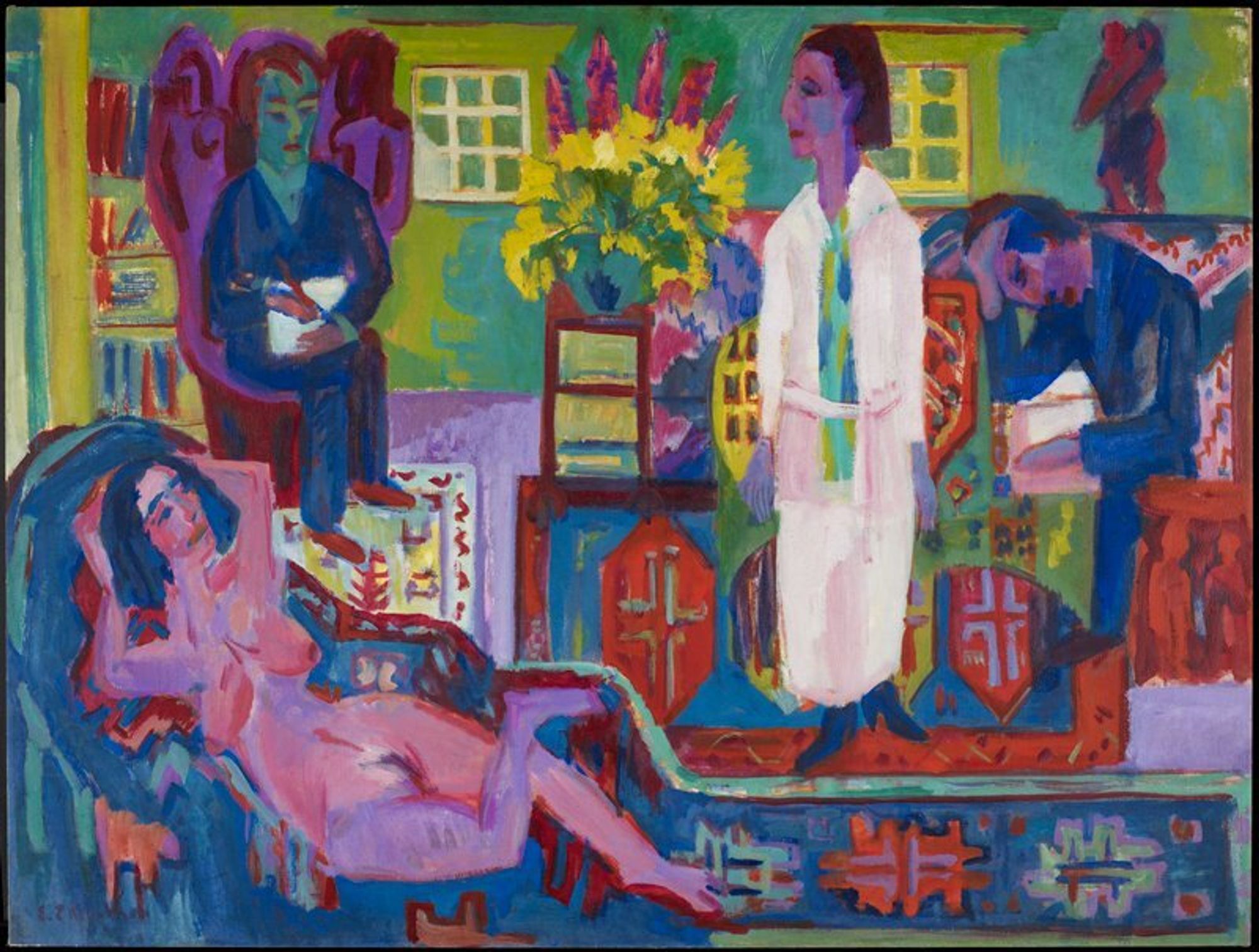 German Expressionism. Genre. Figures in an interior of a house; (nude) human figure - female
In 1906, Kirchner co-founded the Dresden expressionist group known as Die Brücke (The Bridge), an avant-garde movement that investigated the realities and fantasies of a life lived with freedom, intensity, and eroticism. Modern and non-western arts were the means of their exploration—with study of the nude at the center of their practice. Kirchner brings all these elements together in Modern Bohemia —a depiction of his lodgings in Switzerland—to express the ideal creative environment. The forms of artist, author, nude, and female spectator are united with those of Caucasian carpets and sculptural objects inspired by tribal art in a complex balance of form, pattern and color. The artist's modulation of color intensity and placement of horizontal and vertical brushstrokes evoke a woven surface effect that firmly places this painting in what is known as Kirchner's "tapestry" period.