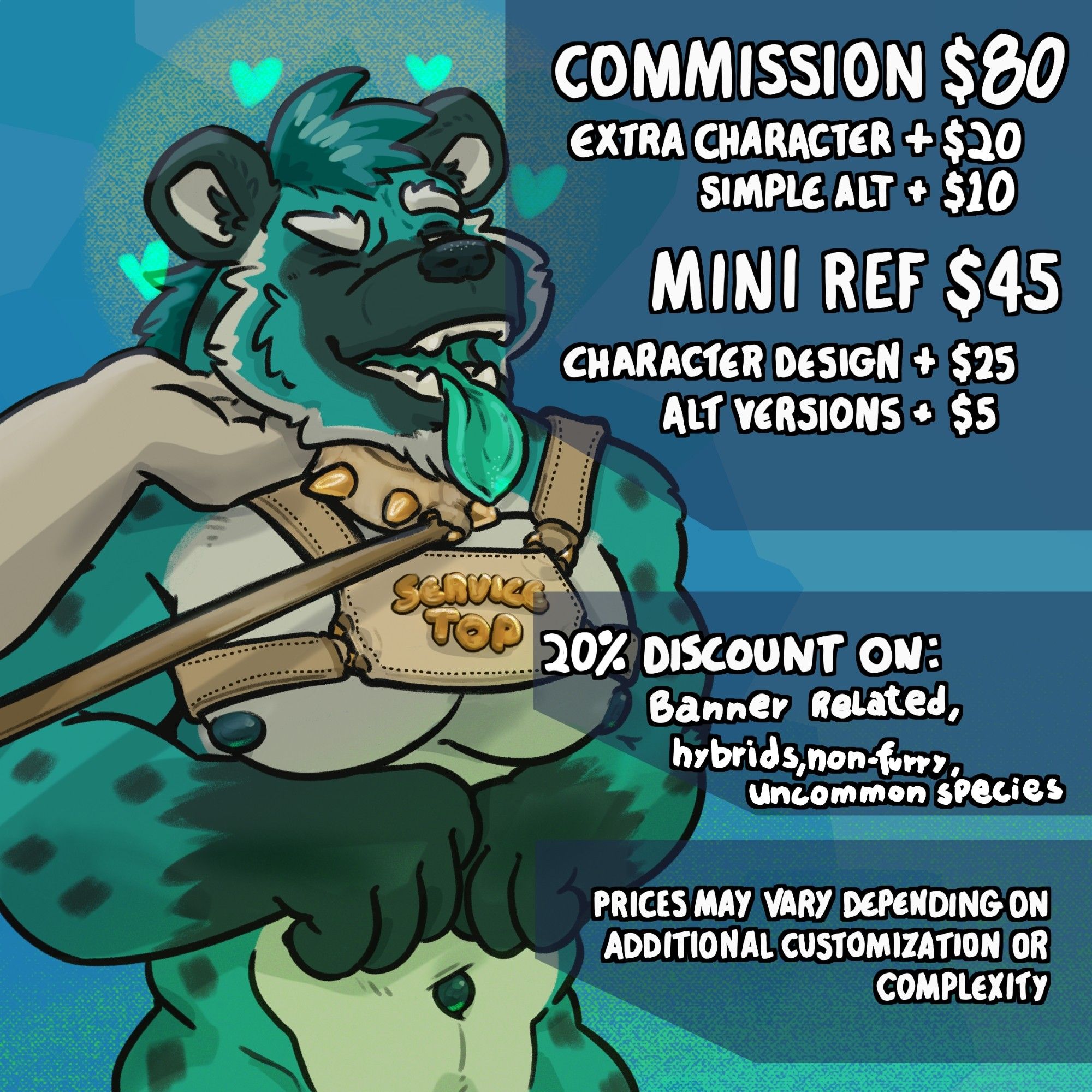 Art commission offer with roman (oc) waring service top harness and a spiked dog collar being tugged by liber offscreen.  banner info $80 +20 per extra character +10 per simple alt. Miniref for 45$ +25 if I do the character design +5 per alt version. 20% in discount with banner related art, hybrids, nonfurry and uncommon species. Prices may vary depending on additional customization or complexity.