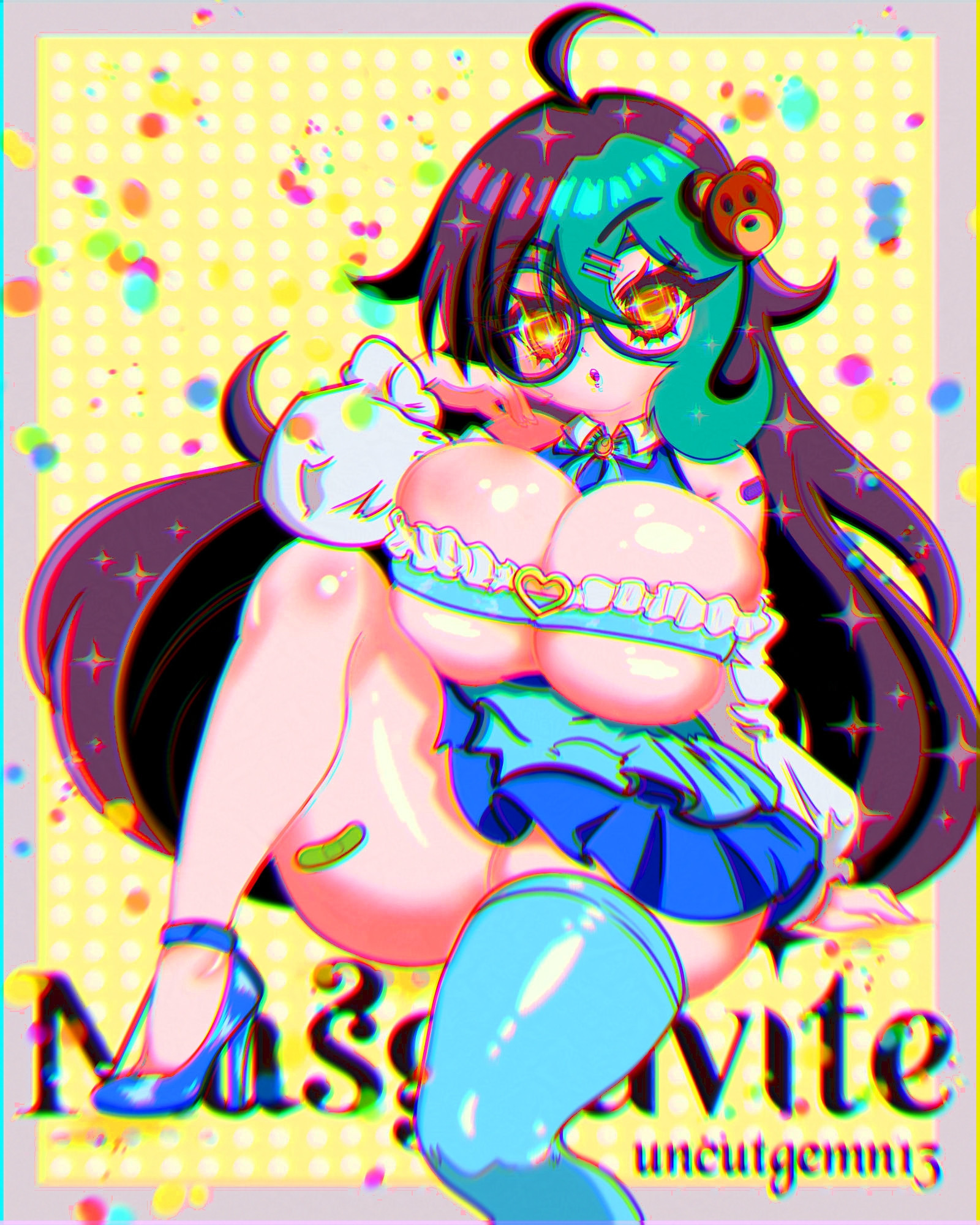 Digital anime artwork of a voluptuous, curvy girl in a playful, kawaii style. The character has large glasses, long black and green hair, wearing a frilly top with a heart clasp, a blue skirt, and thigh-high stockings. The art combines cute and provocative elements with a vibrant color palette, including confetti effects. Created by artist Musgravite