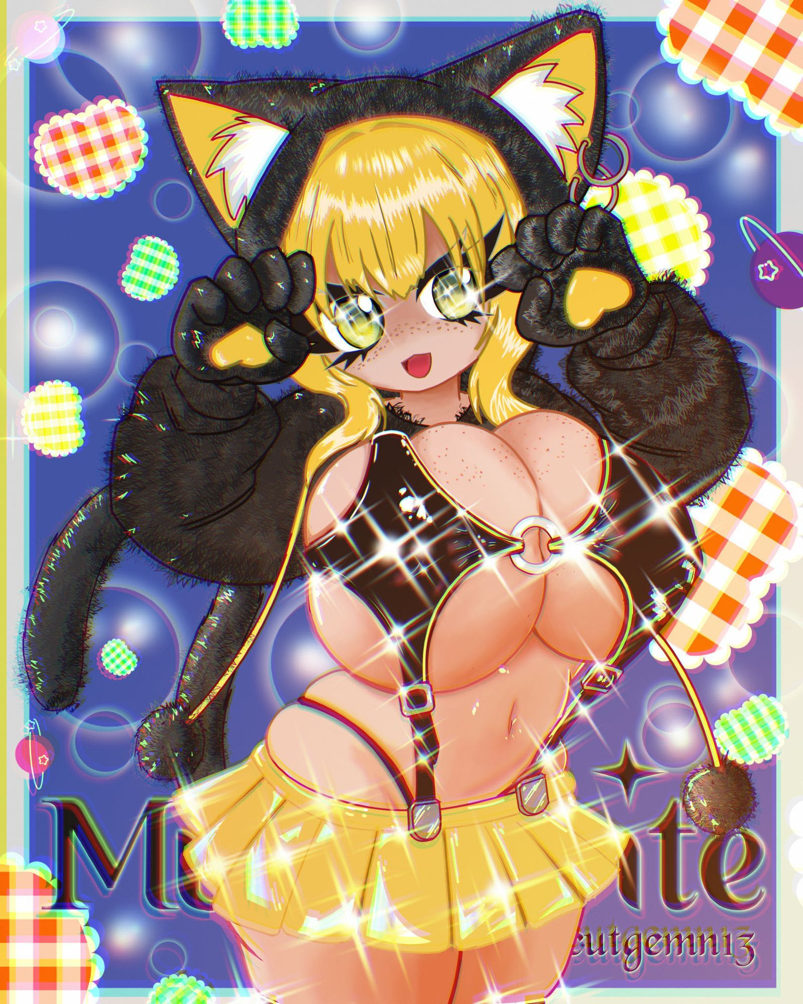 Adorable and sexy cat girl with blonde hair, wearing a black and yellow costume, inspired by a cosplayer in the Fierce Fantasy Gothic Dark Yellow Lingerie Set from Meowcos, posing playfully with her paws up