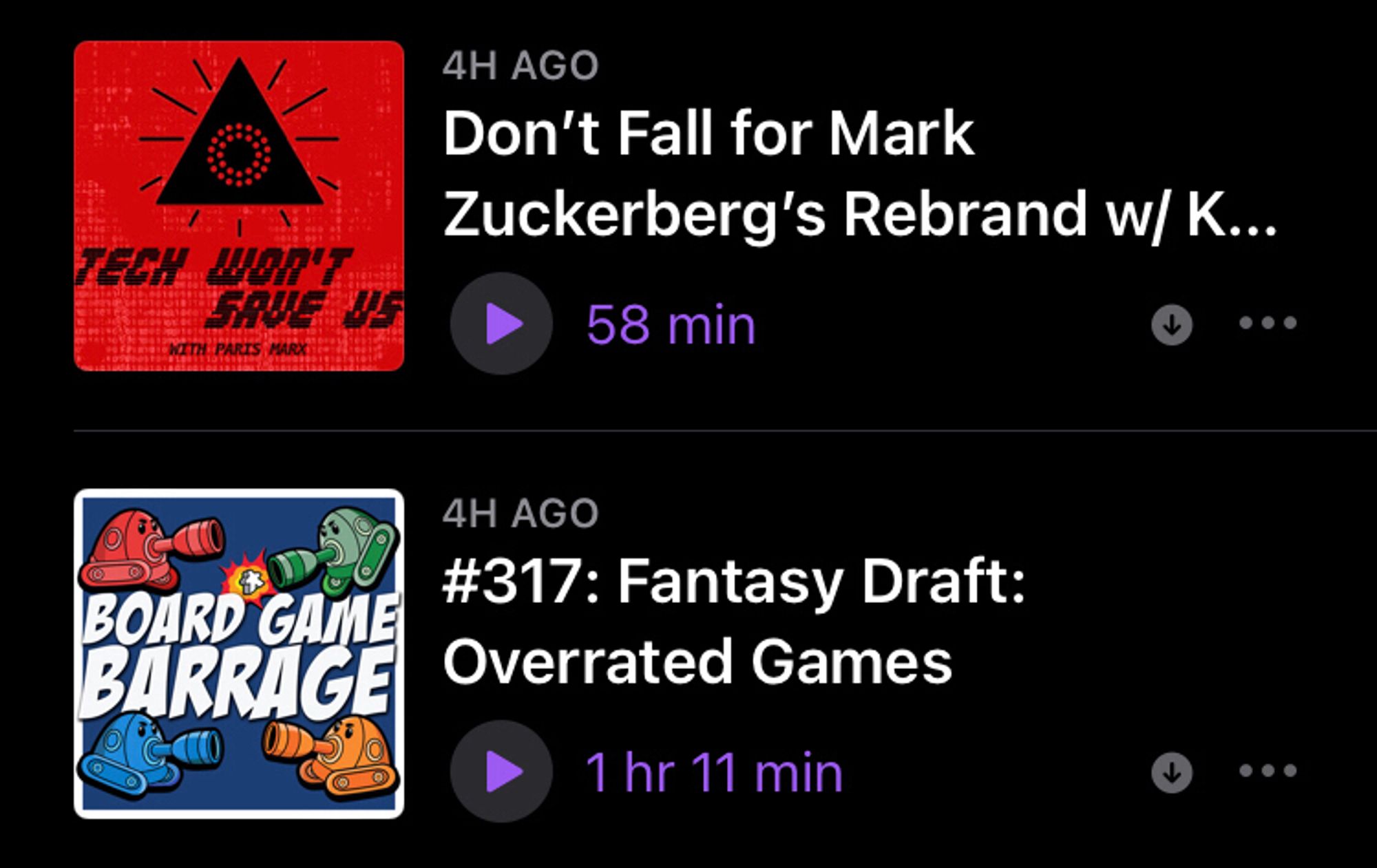 screenshot of podcast app showing episodes for Tech Won’t Save Us and Board Game Barrage