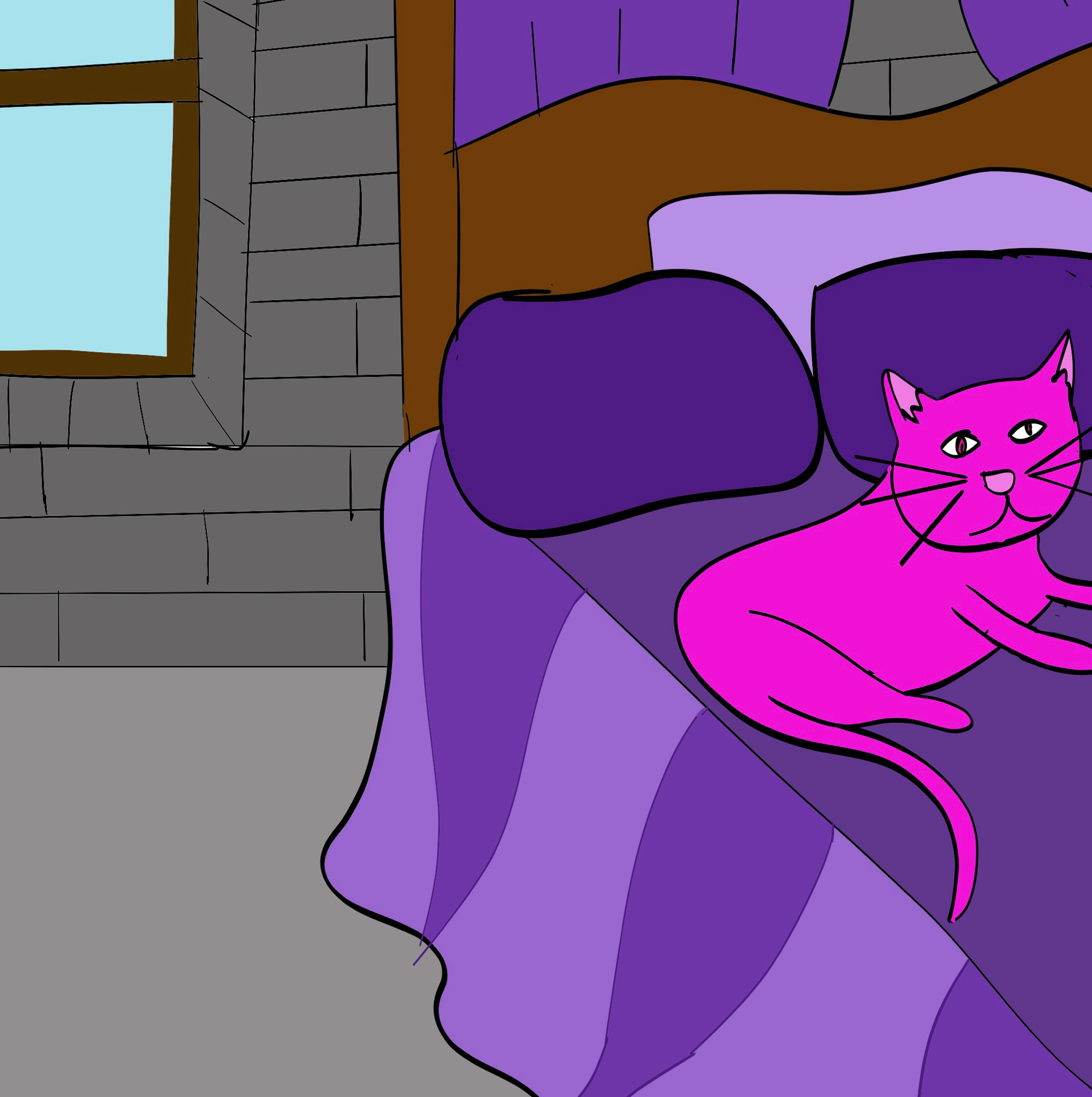 A digital drawing of a bright pink cat on a purple bed in a castle. 