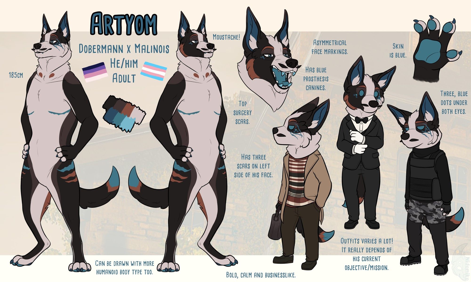 Digitally drawn reference sheet for anthropomorphic dog OC. It features two full bodies with his hands on his hips, headshot with his mouth open, hand image and three chibi pictures with different outfits.