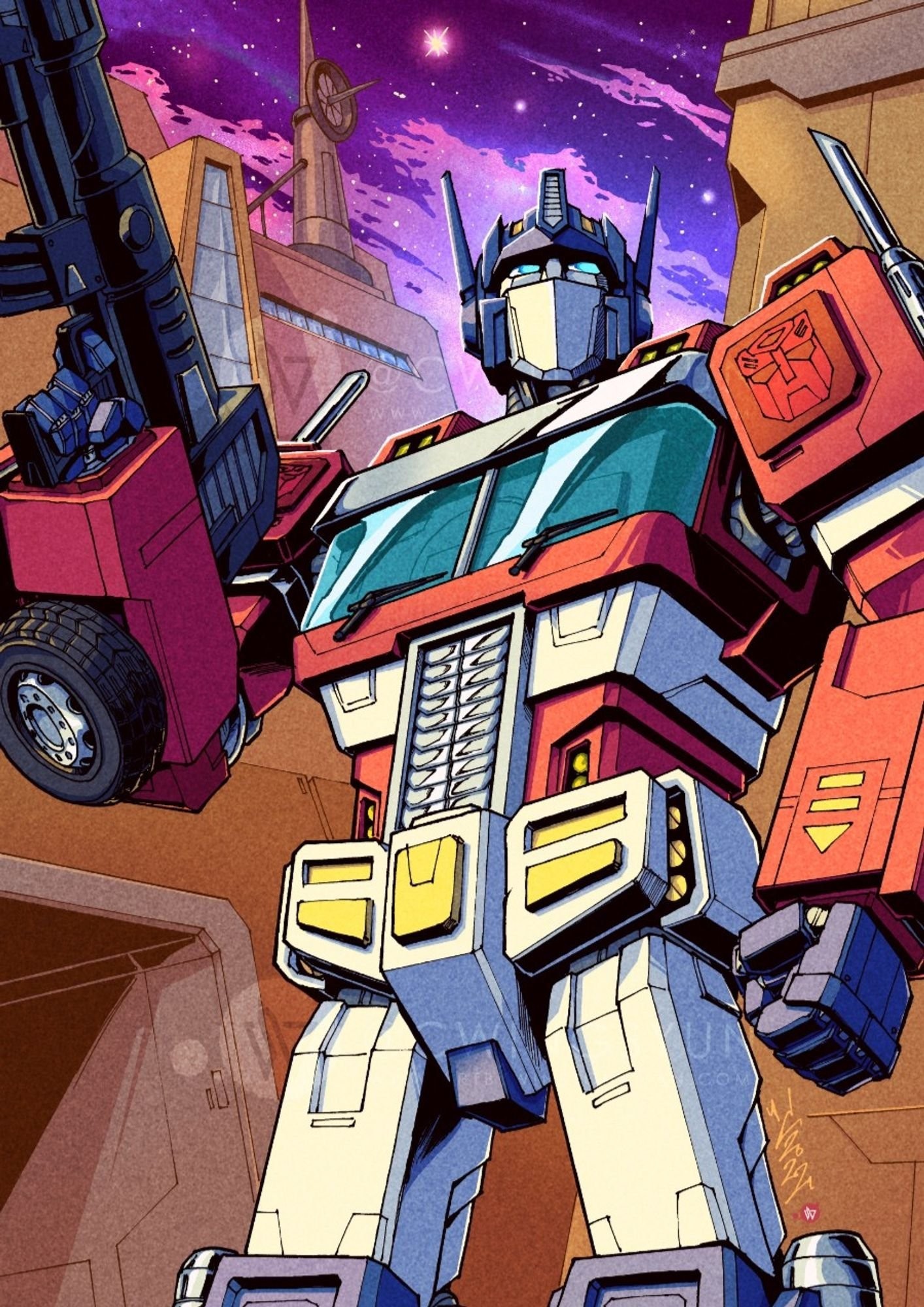 Full colour illustration of Optimus Prime, a design modelled after his classic Generation One look but with modern details and styling. He stands heroically, with ion cannon raised in his right hand, in the streets of Cybertron.