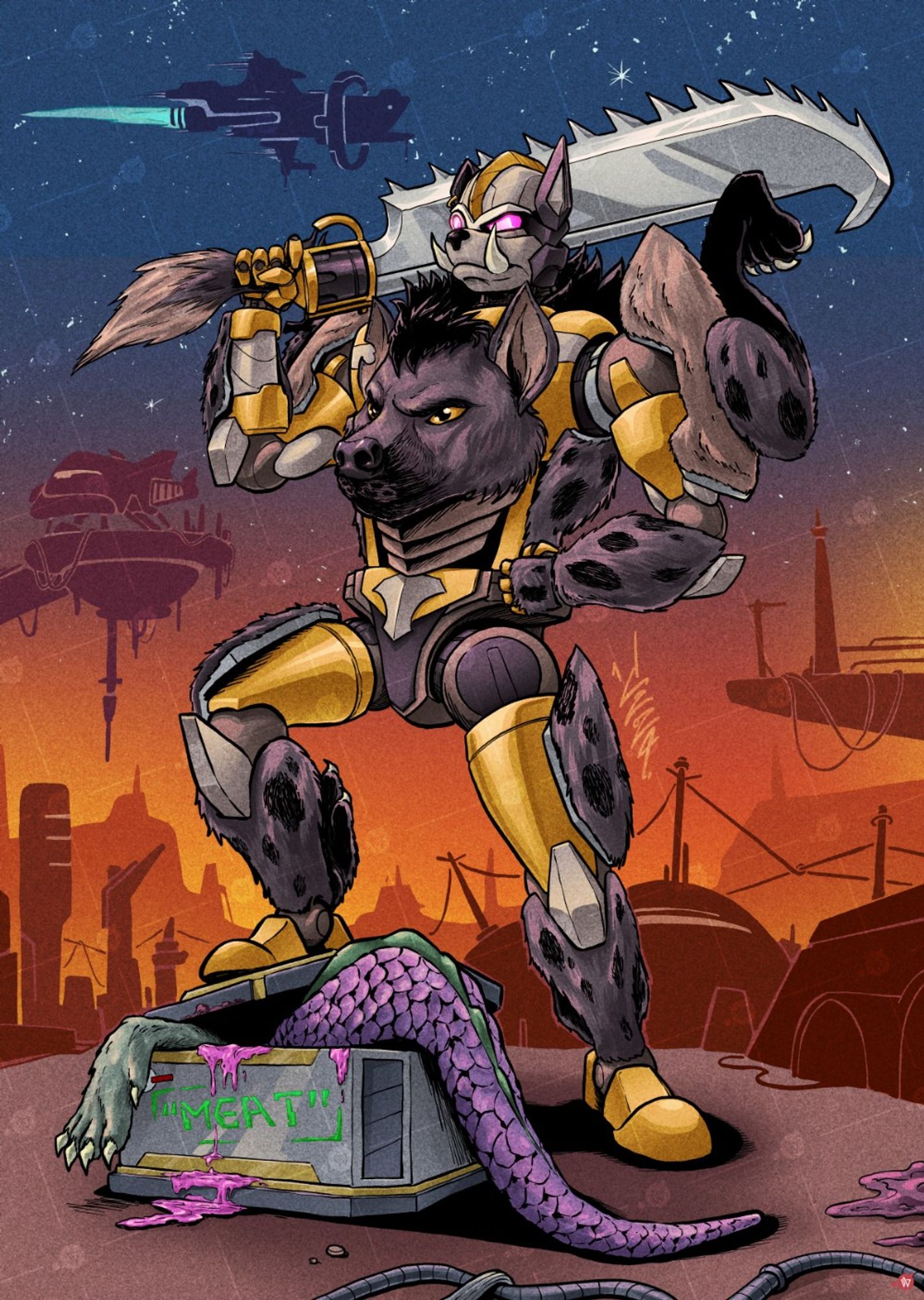 Full colour illustration of a Beast Wars era Transformers original character that transforms into a gnoll. They're standing in a shady spaceport with they're sword swung backwards on one shoulder and one foot on top of a crate with it's contents spilling out of it.