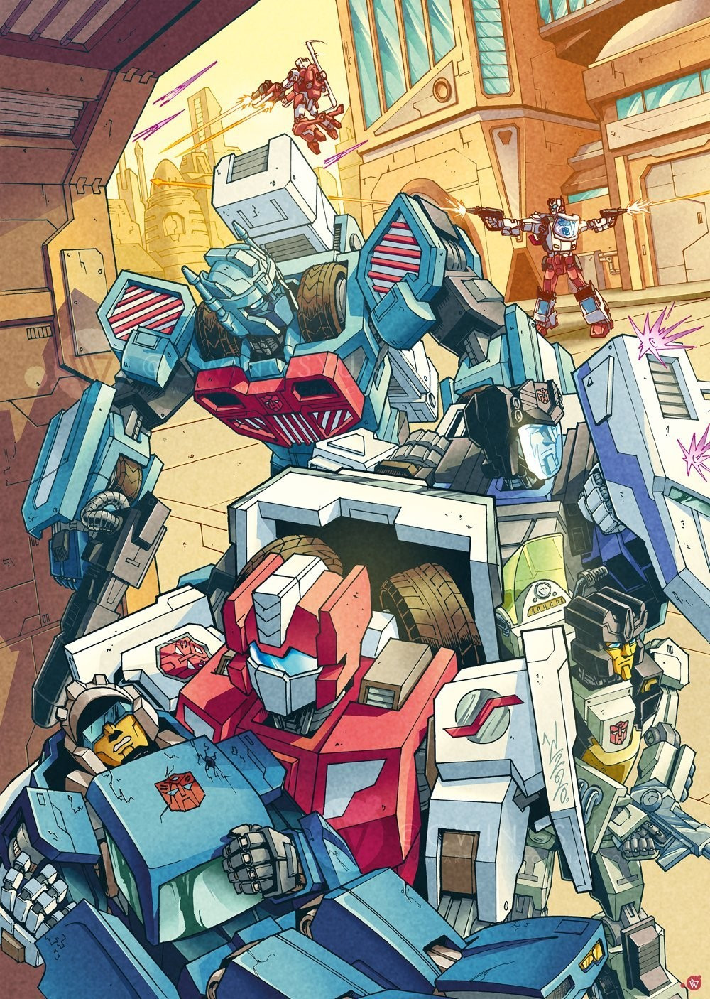 A full colour illustration of the Protectobots from Transformers. First Aid carries an injured Freeway through a entrance way, while he is covered by Hot Spot, Rook and Groove. In the background Blades and Streetwise are shooting at unseen enemies in the streets of a golden Cybertron.